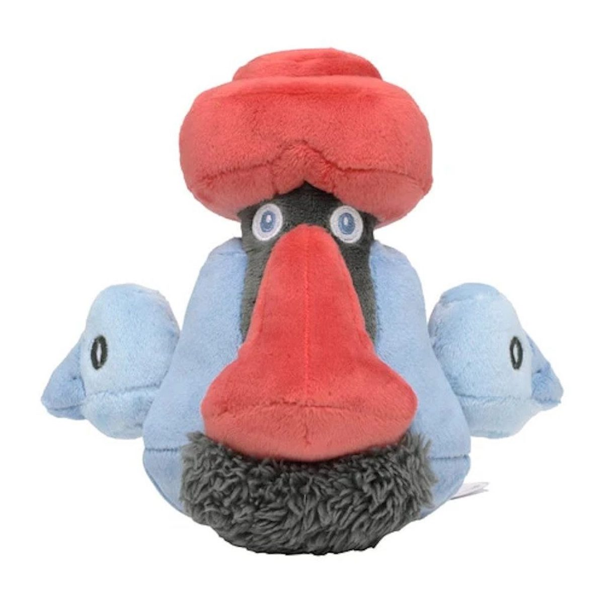 Ein blau-graues Plüschtier mit roter Nase und Ohren. Es hat einen grauen Bart und einen neutralen Ausdruck.