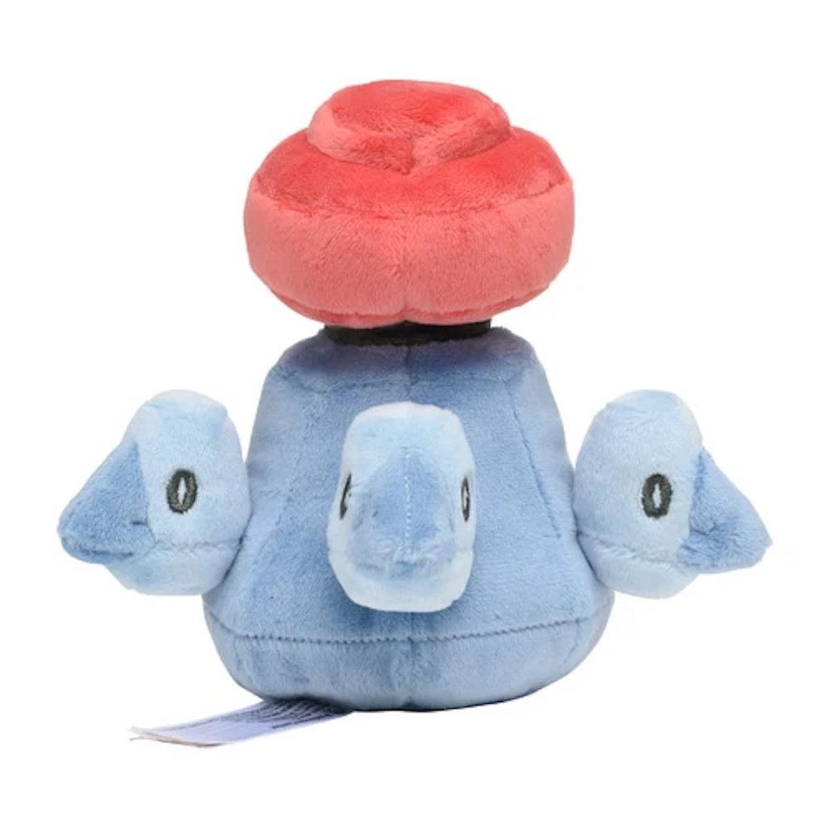 Ein Pokemon-Plüschtier mit rotem Kopf, blauem Körper und grauen Akzenten.