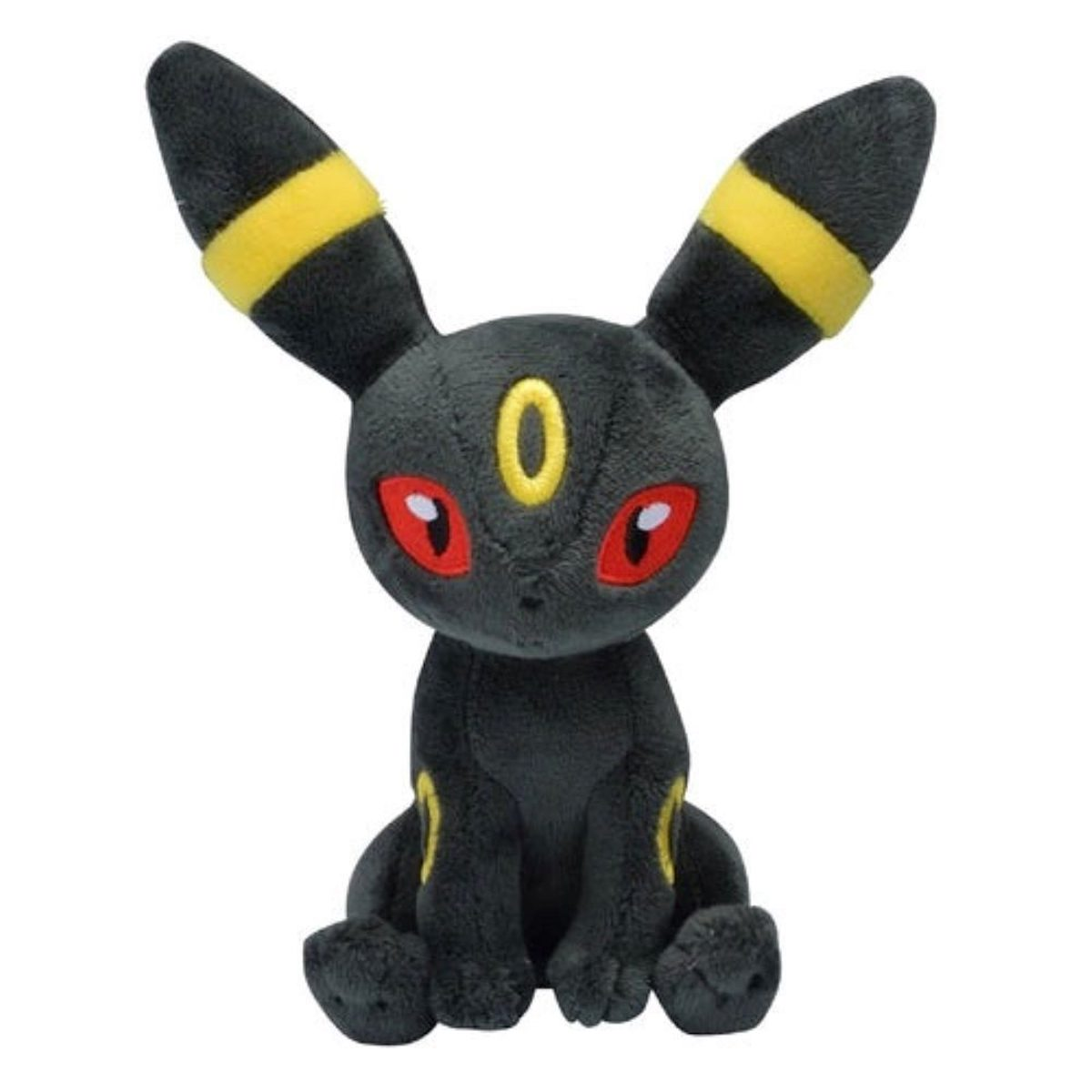 Ein schwarzes Plüschtier, Pokemon Umbreon, mit gelben Akzenten und roten Augen.
