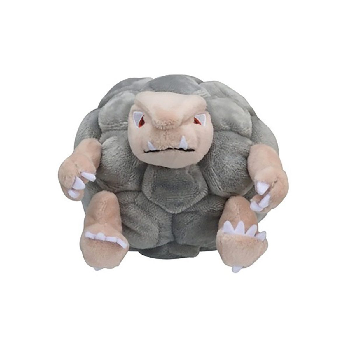 Ein Kuscheltier von Golem Pokémon, grau und rund mit hellbraunem Gesicht, roten Augen und weißen Zähnen.