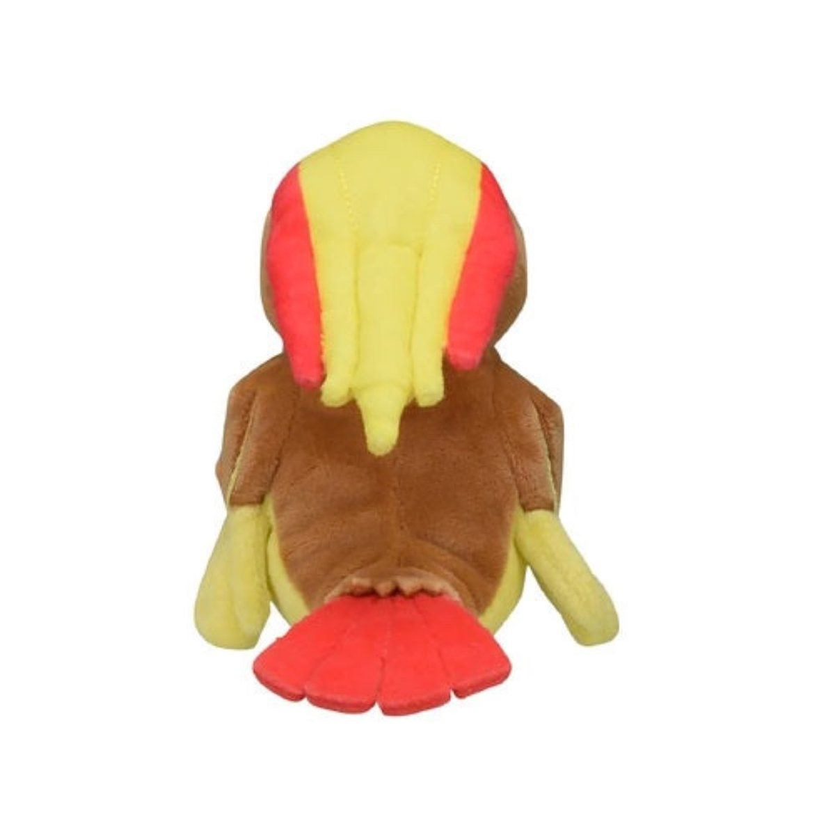 Ein Plüschvogelspielzeug, von hinten betrachtet, mit gelben, roten und braunen Farben.