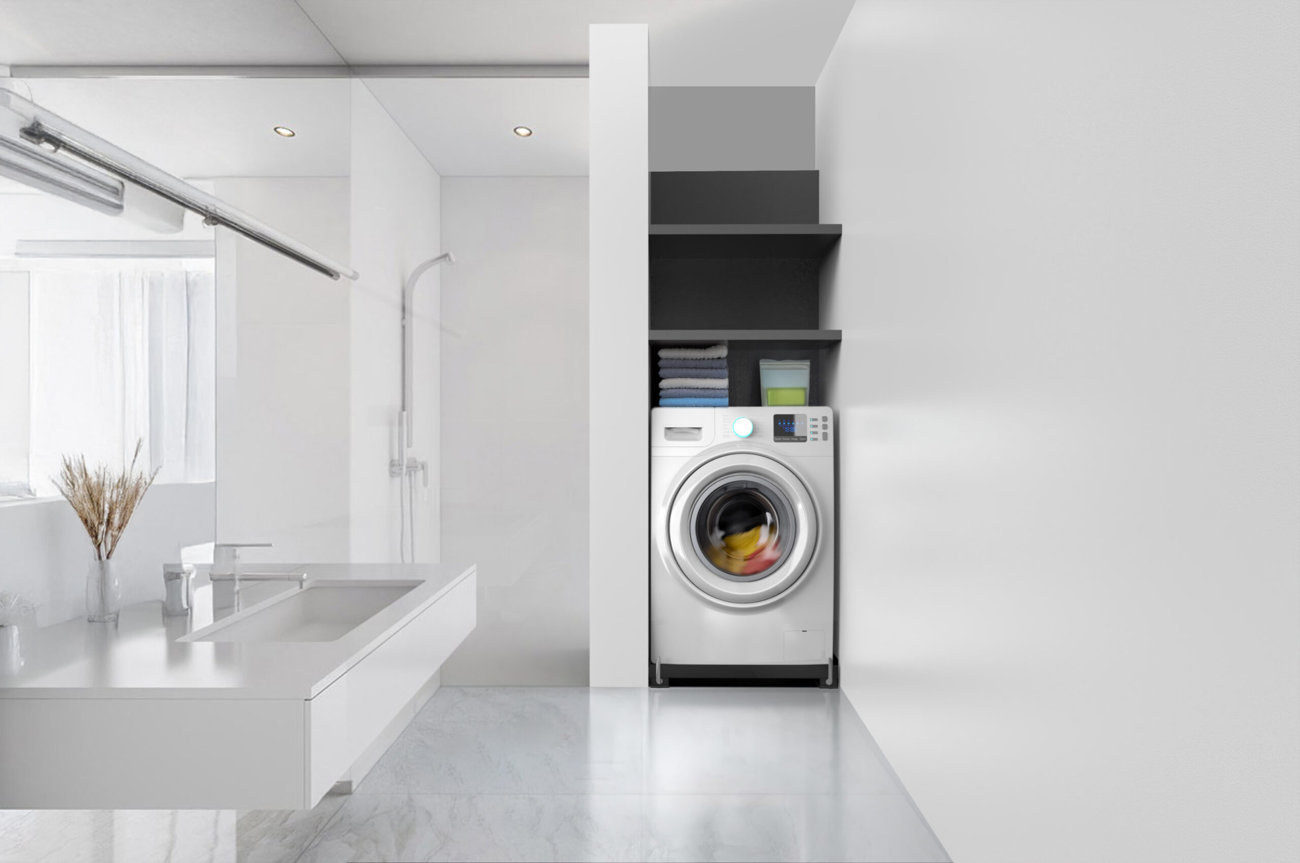 Un baño moderno con lavadora. Tiene un lavabo blanco, ducha y estanterías para productos de lavandería.