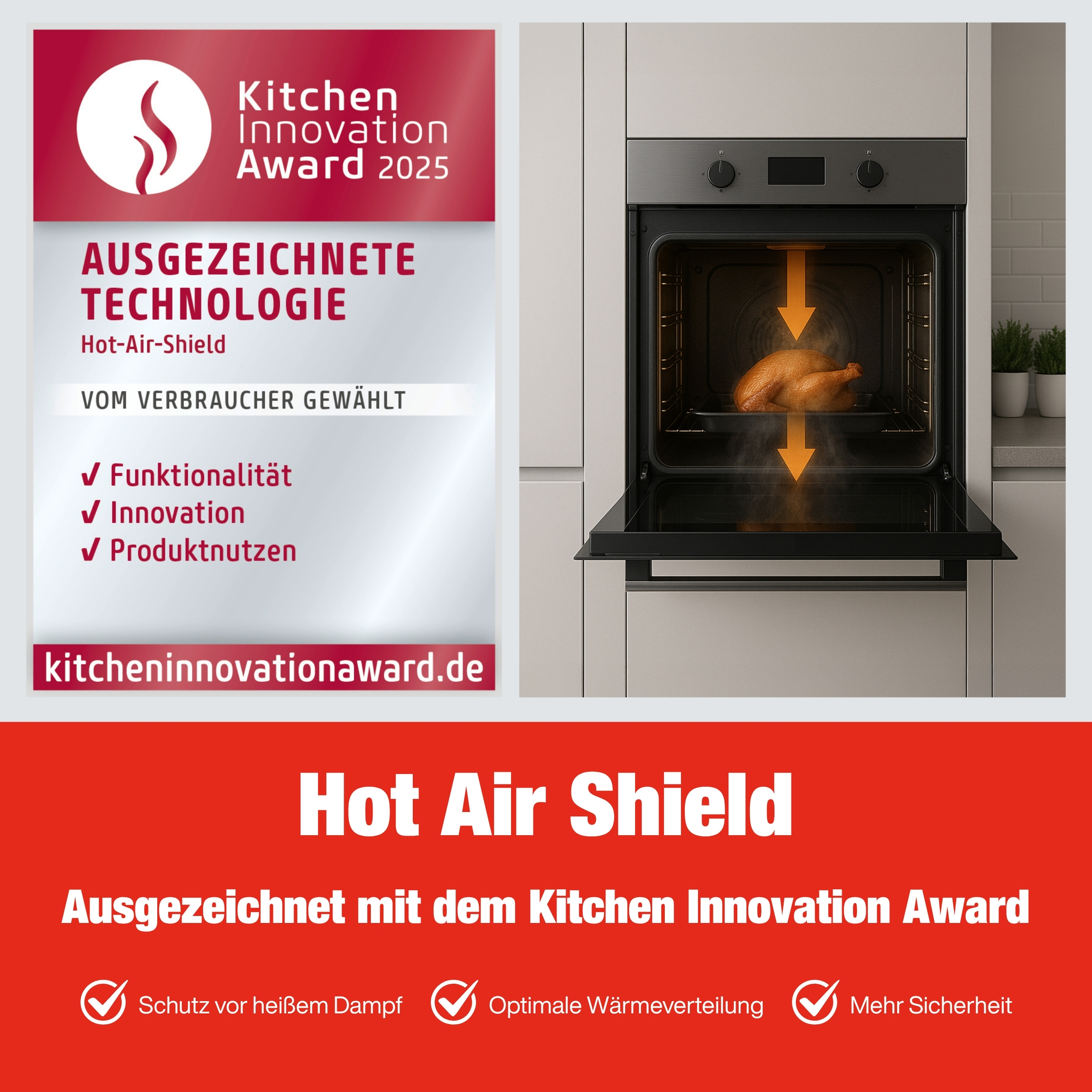 Ein Backofen mit offener Tür, ein Huhn, das darin kocht, und ein Kitchen Innovation Award.