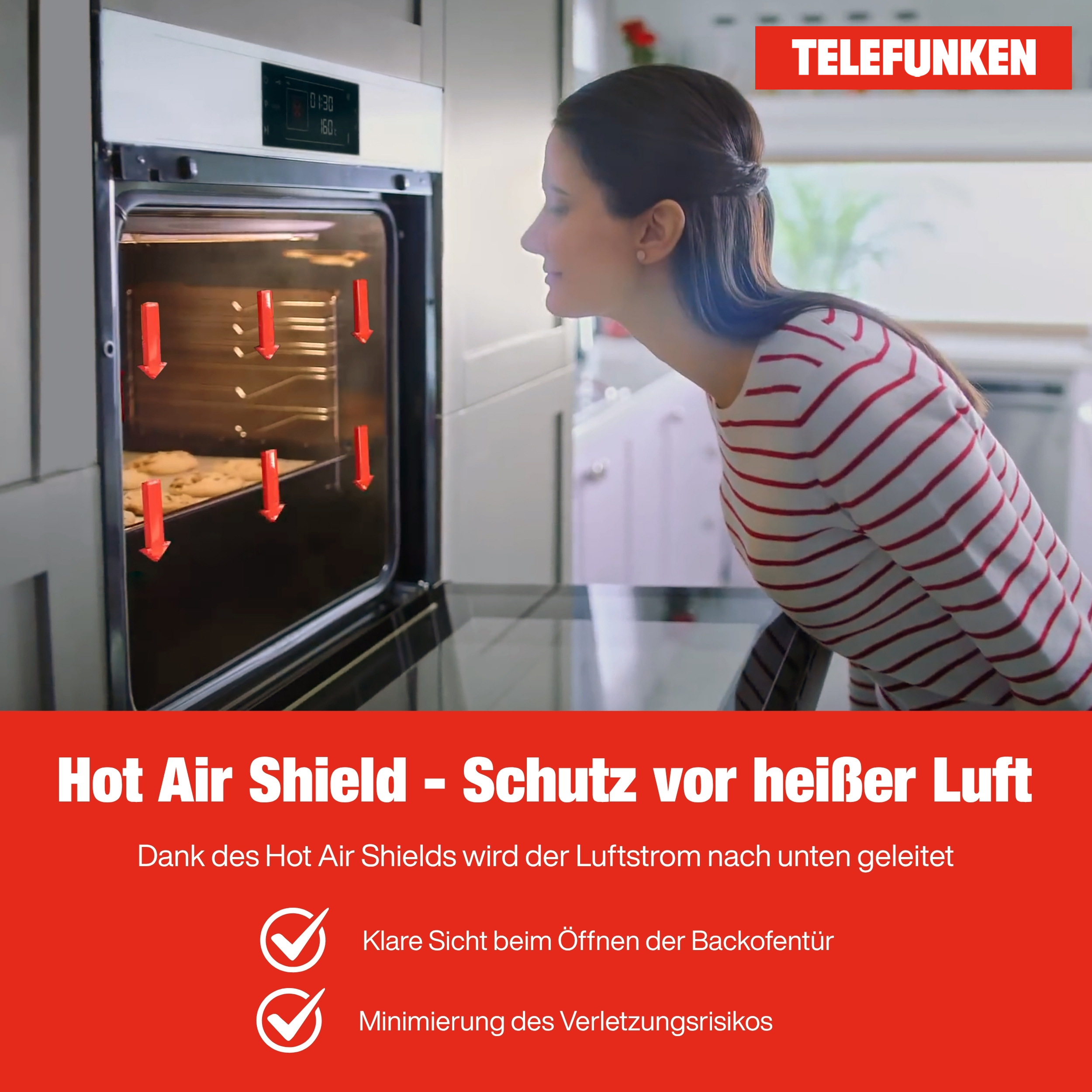 Eine Frau betrachtet einen Backofen mit Essen. Pfeile veranschaulichen den Luftstrom, Text erklärt 'Heißluftschutz'.