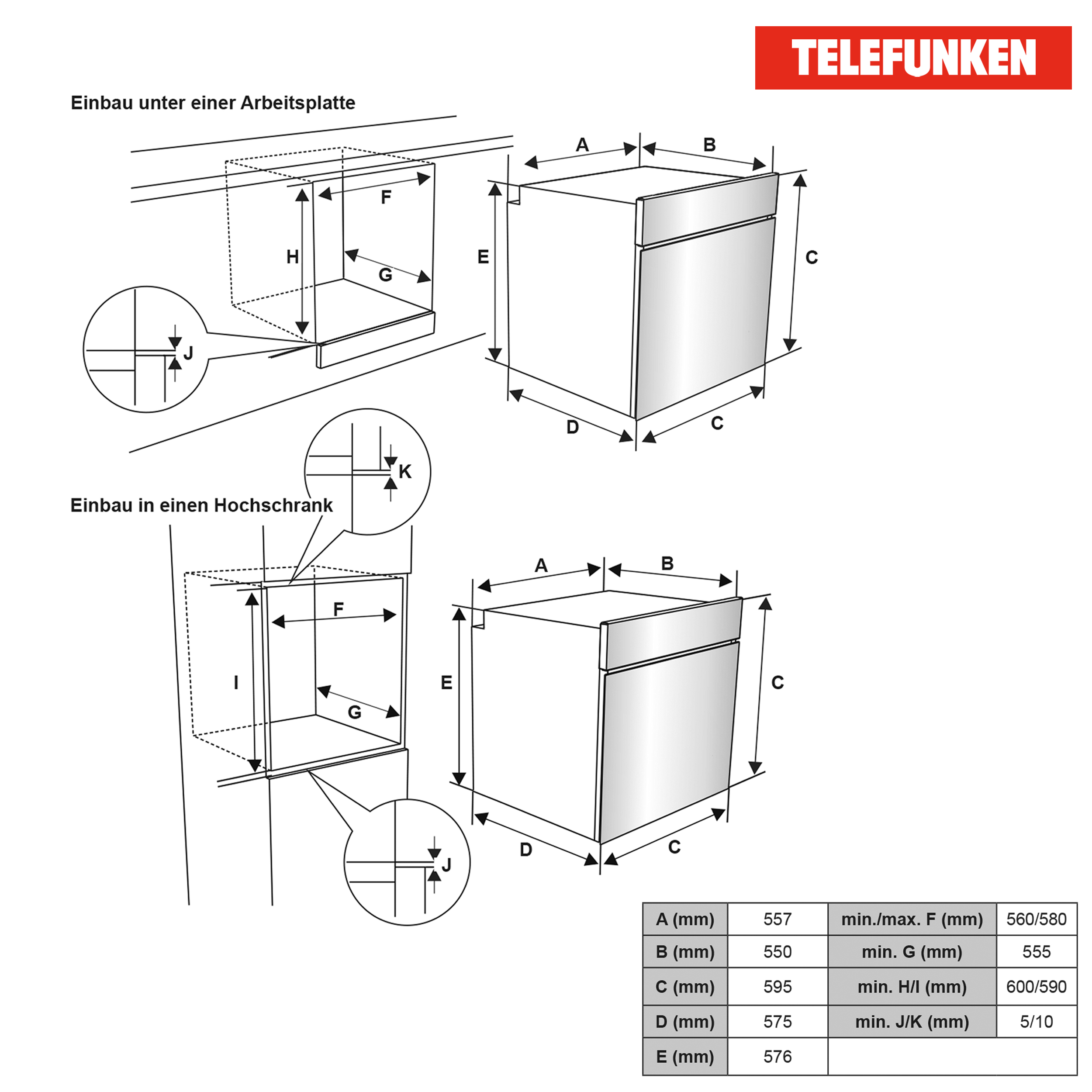Technische Diagramme für einen Backofen. Sie zeigen Abmessungen und Installationsoptionen, auch unter einer Arbeitsplatte.