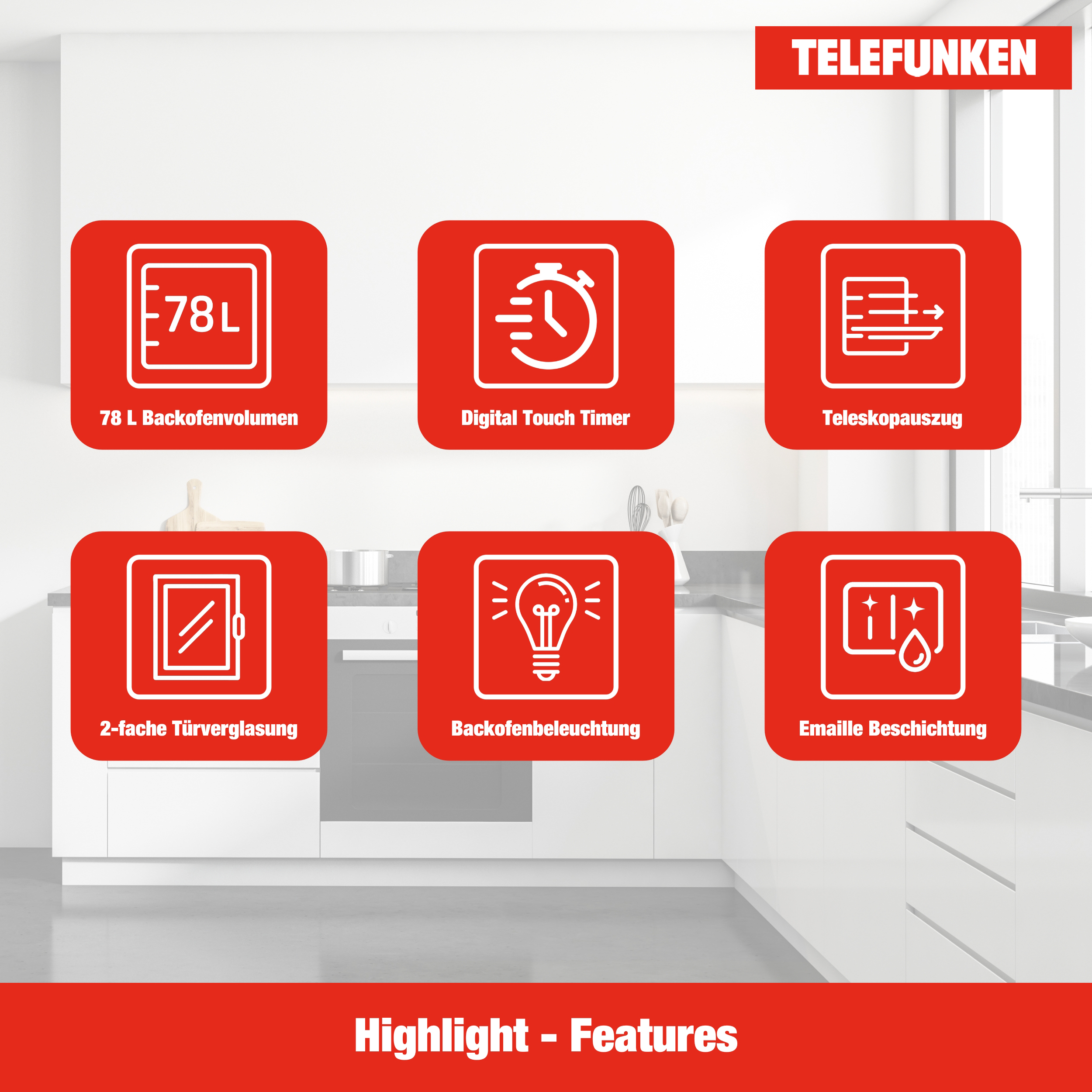 Küchenszene mit Symbolen für Backofenmerkmale: Kapazität, Timer, Teleskopauszug, Doppelverglasung, Licht und Emaille.
