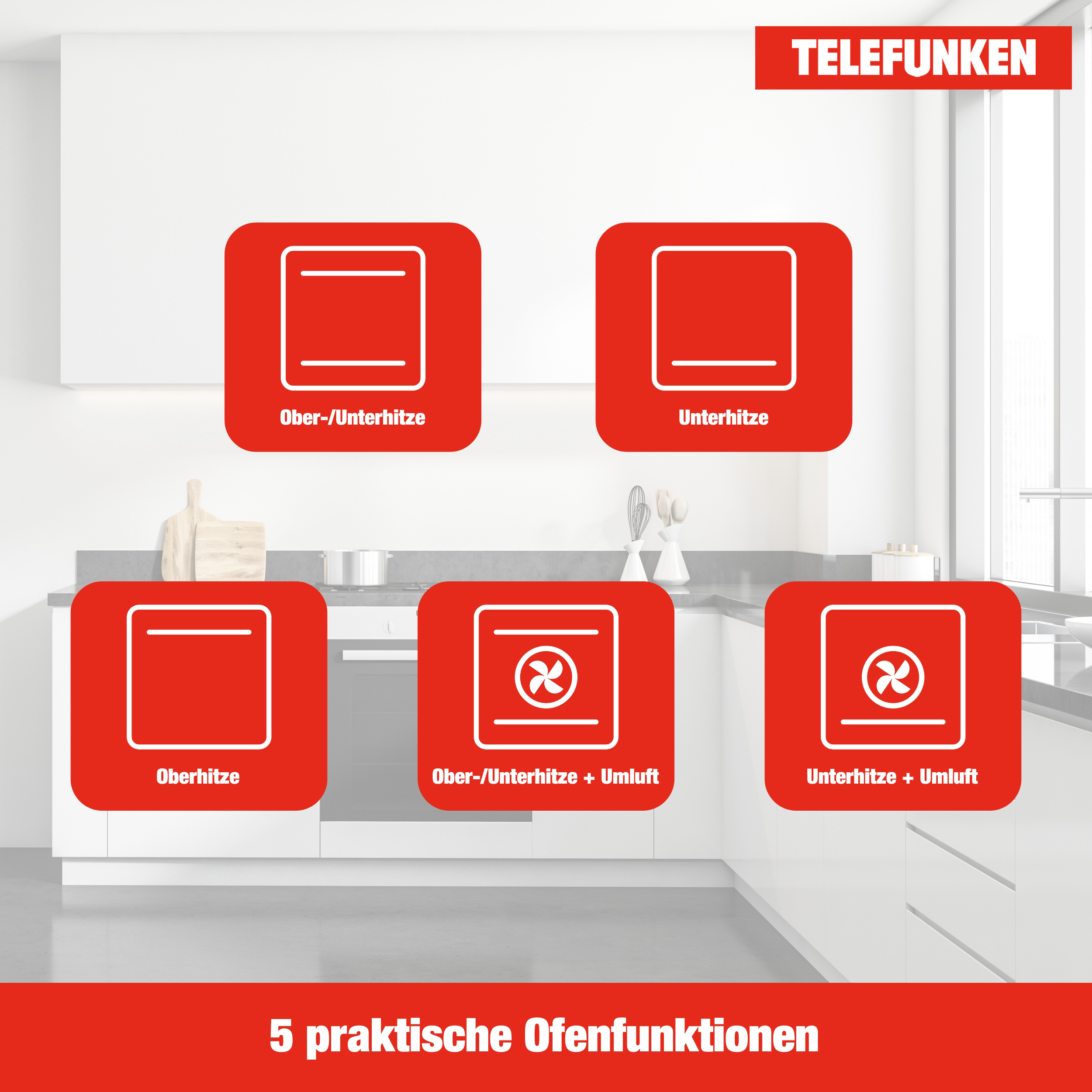 Symbole für Backofenfunktionen. Sie zeigen verschiedene Heizmodi wie Ober-, Unter- oder kombinierte Hitze mit Umluft.