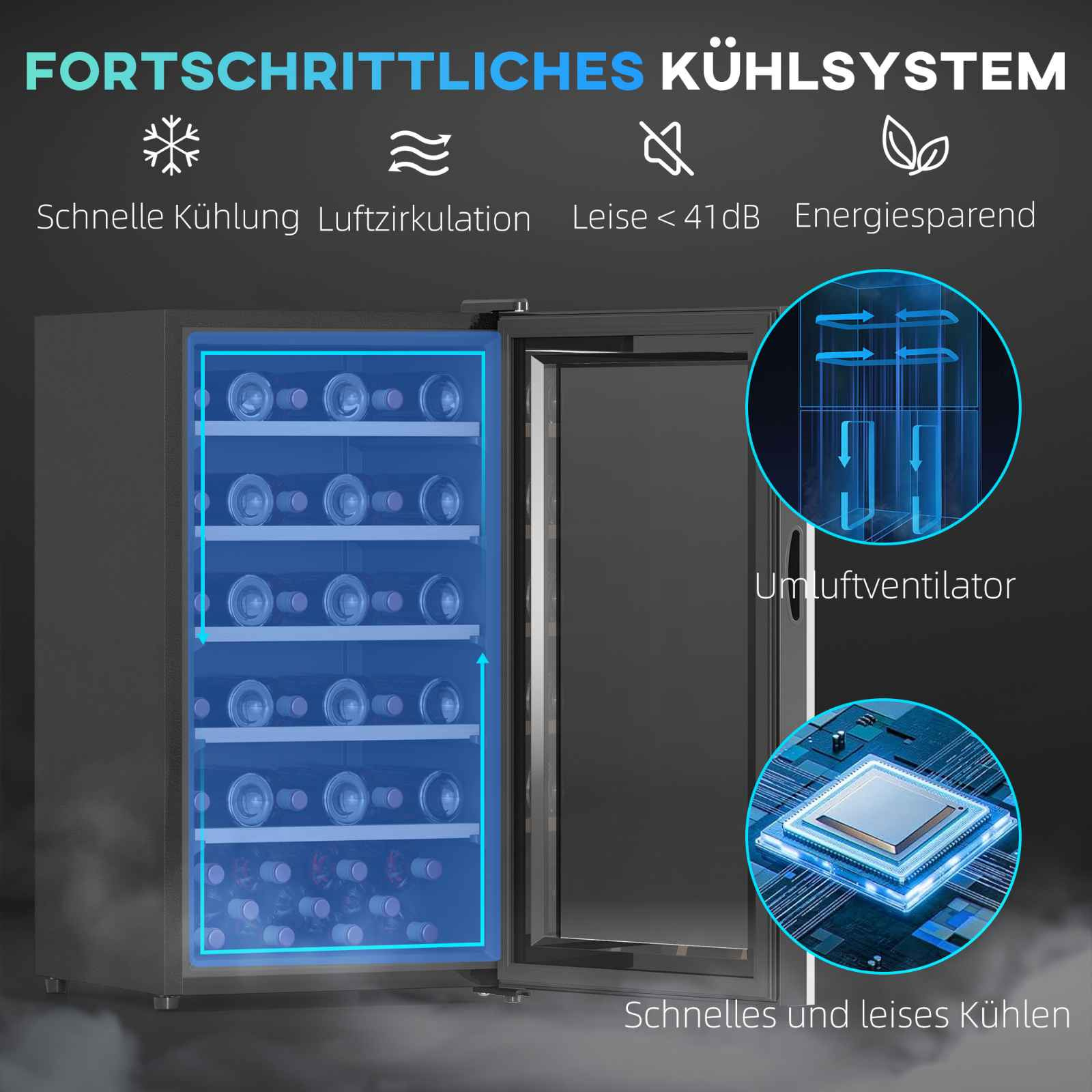Schwarzer Weinkühler mit Weinflaschen. Merkmale sind schnelle Kühlung, Luftzirkulation und Energieeinsparung.