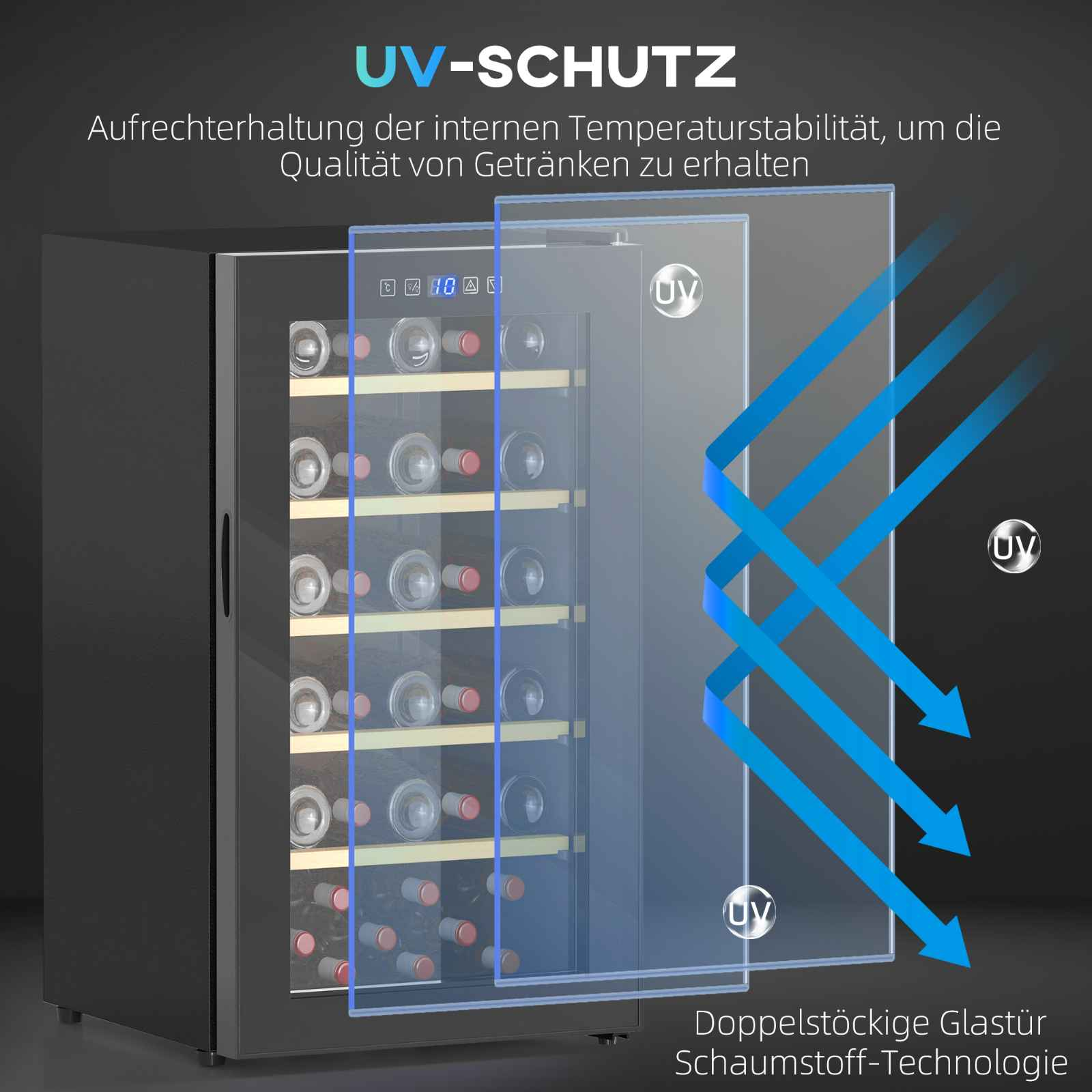 Schwarzer Weinkühler mit Flaschen, UV-Schutz durch blaue Pfeile, und doppelt verglaste Tür.