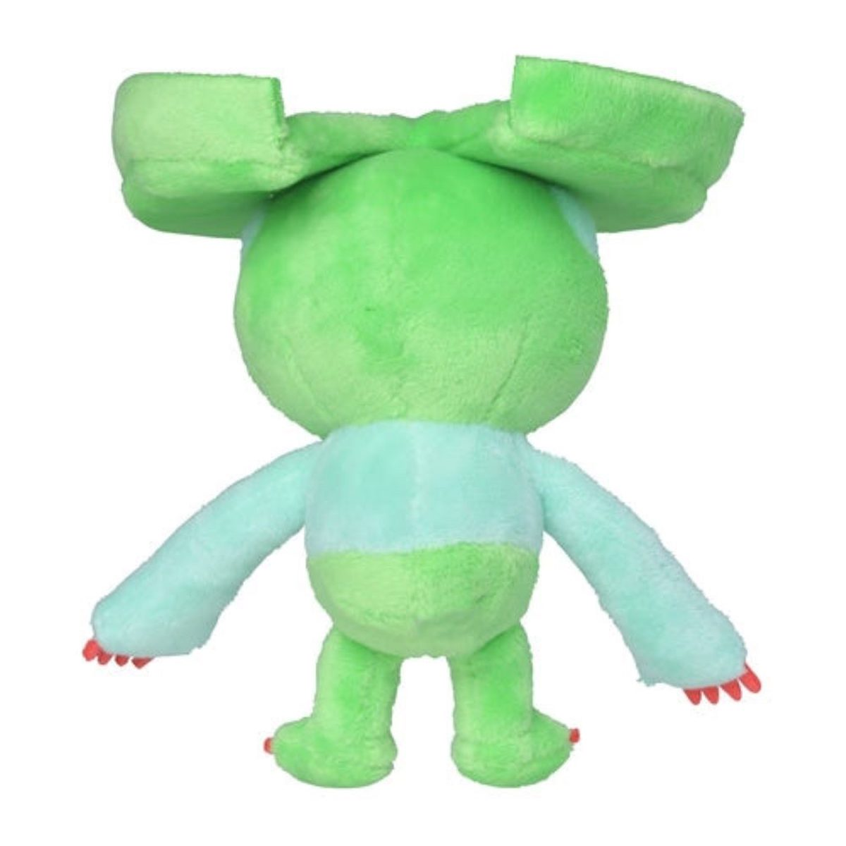 Ein grünes Plüschtier, Rückansicht, mit großem Kopf und roten Details. Pokémon-artig.