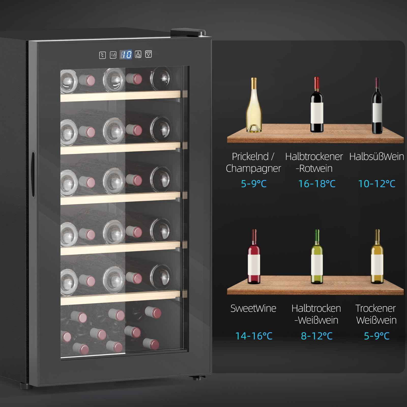 Ein Weinkühler mit Flaschen, zeigt ideale Temperaturen für verschiedene Weintypen wie Champagner, Rot- und Weißwein.