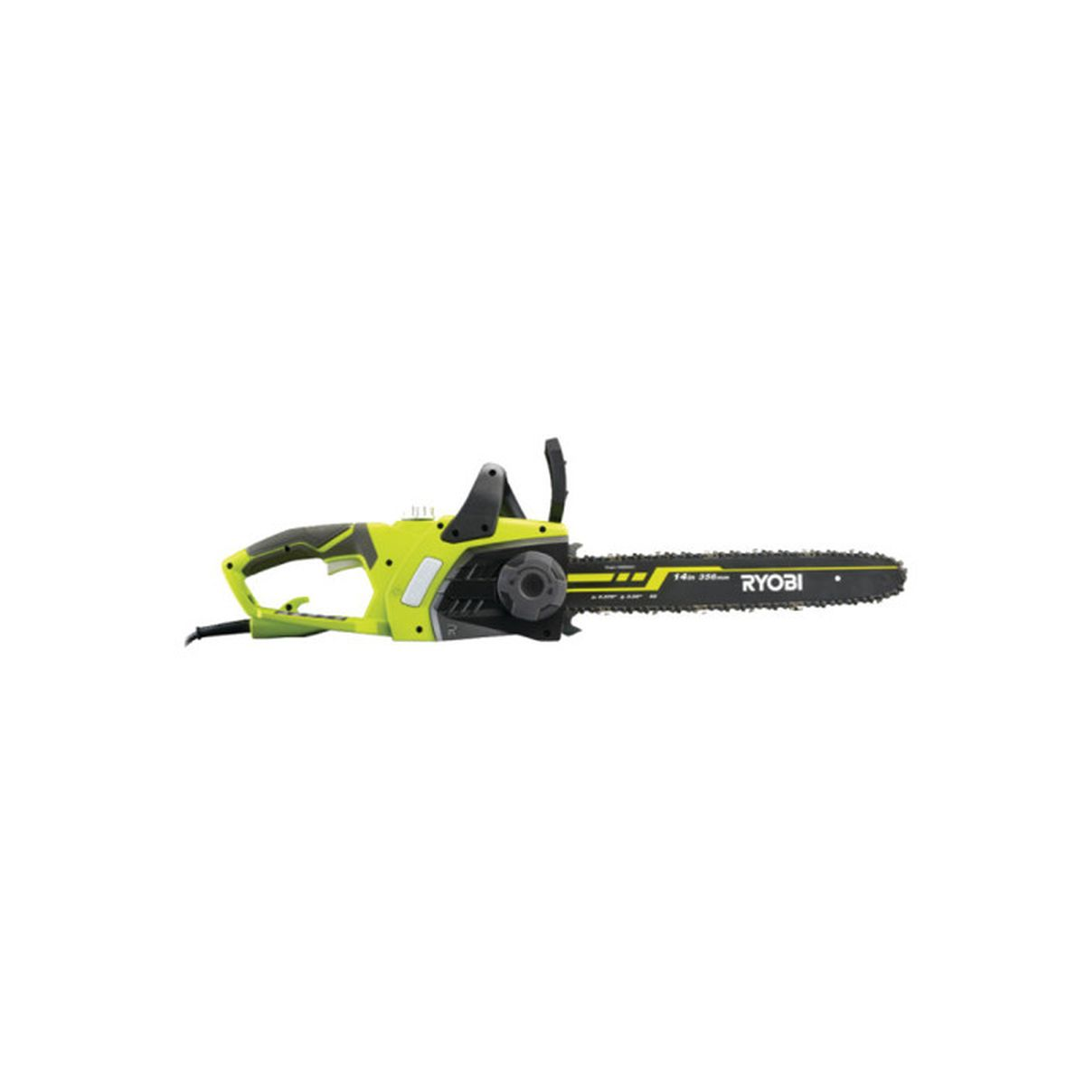 Una motosega elettrica Ryobi verde e nera isolata su uno sfondo bianco, che mostra la lama e l'impugnatura.