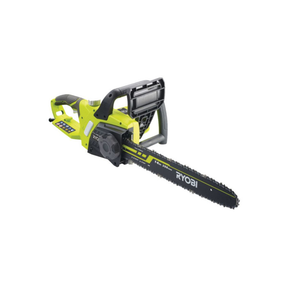 Motosega Ryobi verde e nera su sfondo bianco. Ha una lama da taglio nera e dettagli gialli.