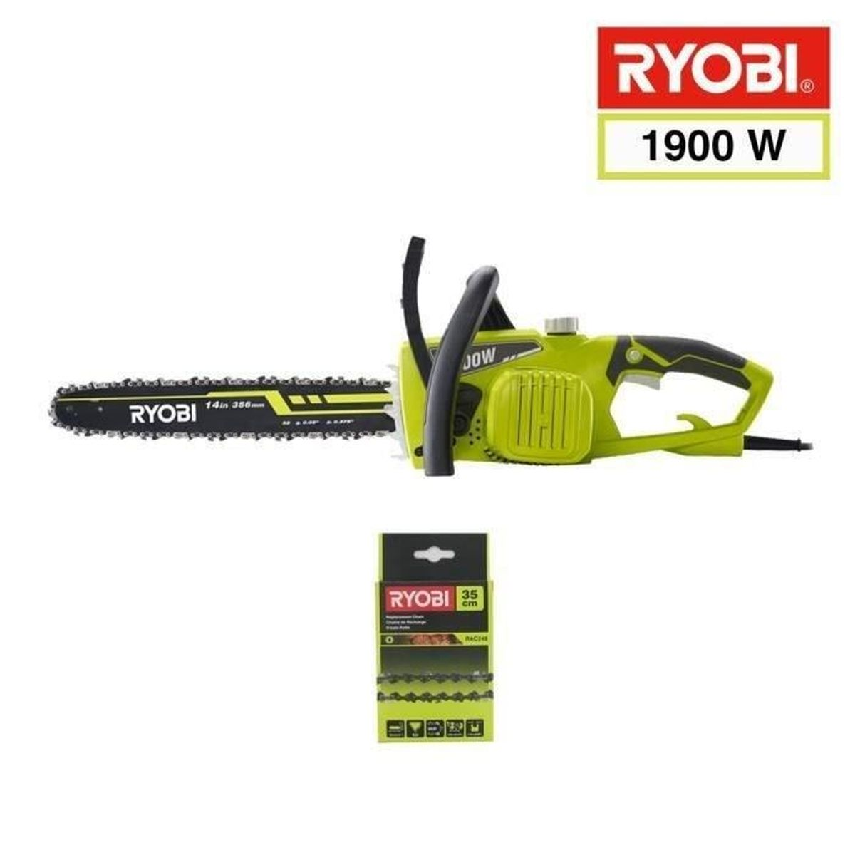 Una motosega Ryobi con lama nera, corpo verde e nero e una scatola di catene di ricambio.