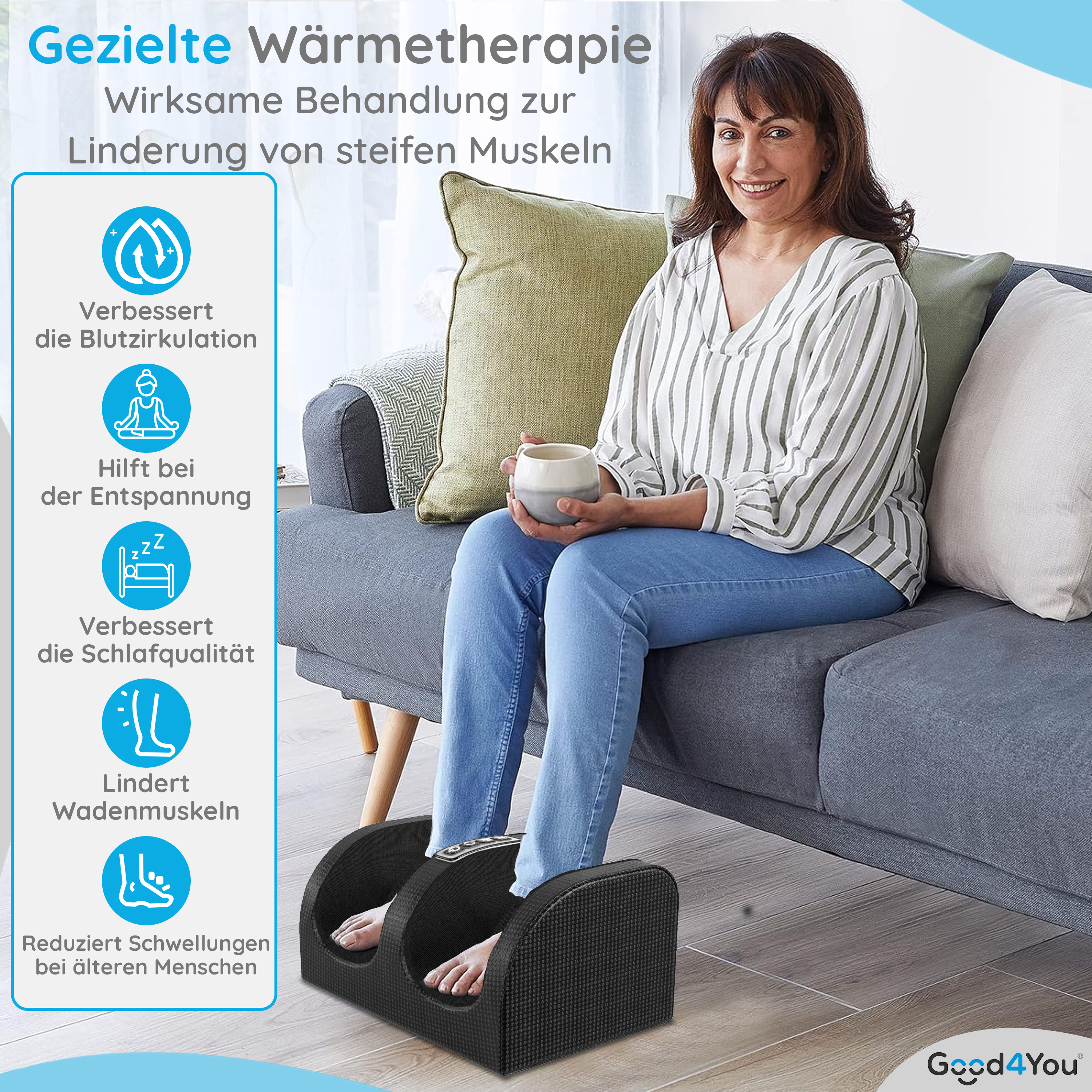Frau sitzt und benutzt ein Fußmassagegerät. Sie hält eine Tasse, umgeben von Diagrammen.