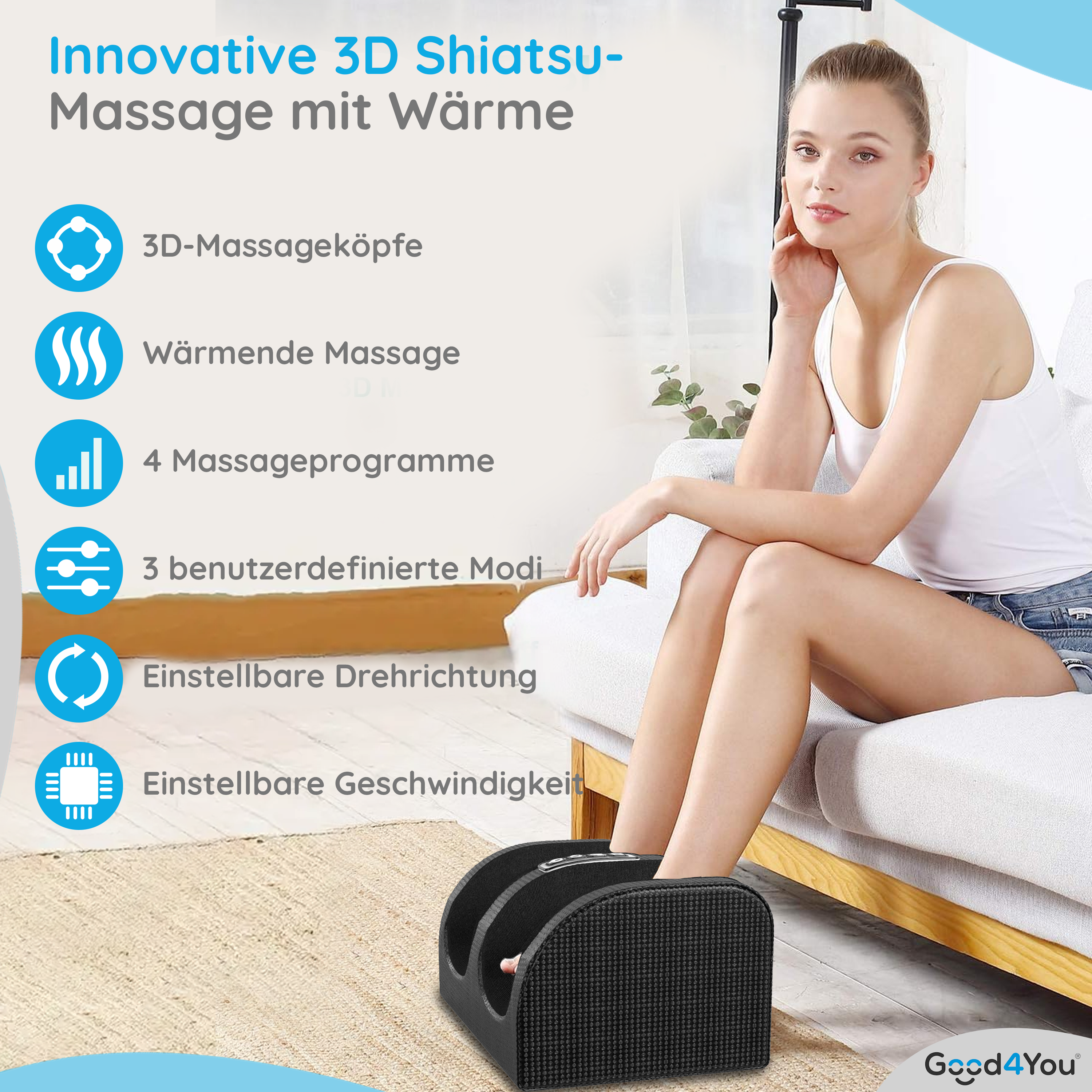 Frau benutzt ein schwarzes Fußmassagegerät. Sie sitzt mit dem Massagegerät auf einem Teppich.
