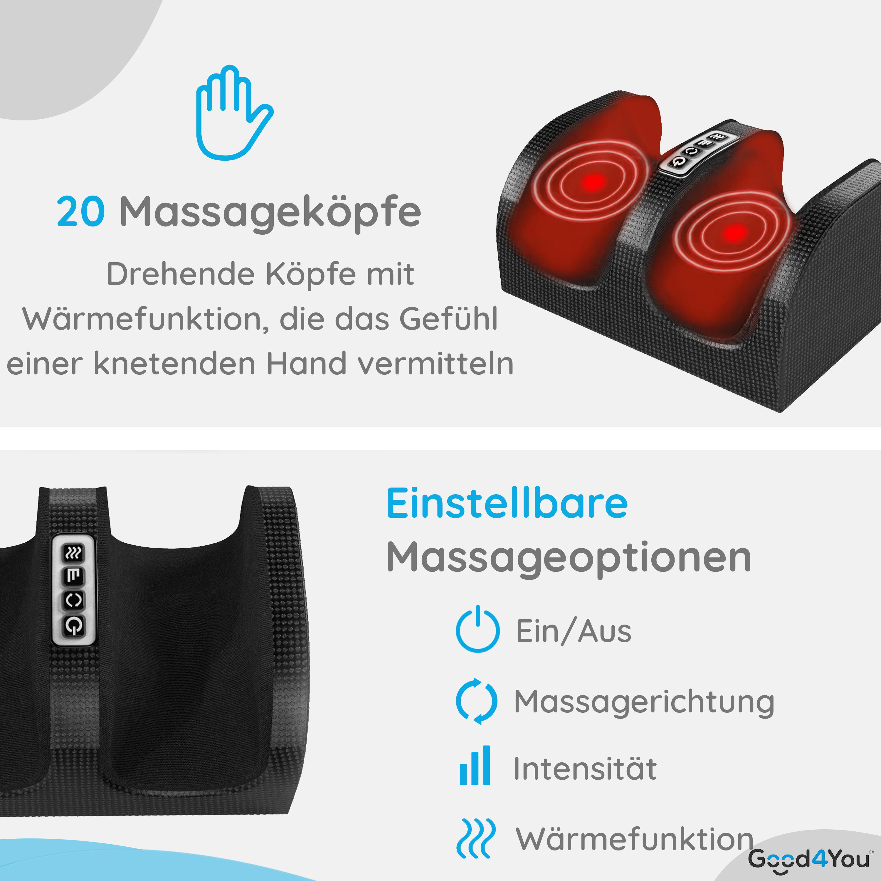 Schwarzes Fußmassagegerät mit Text. Das Massagegerät hat Bedienelemente und rot leuchtende Bereiche.