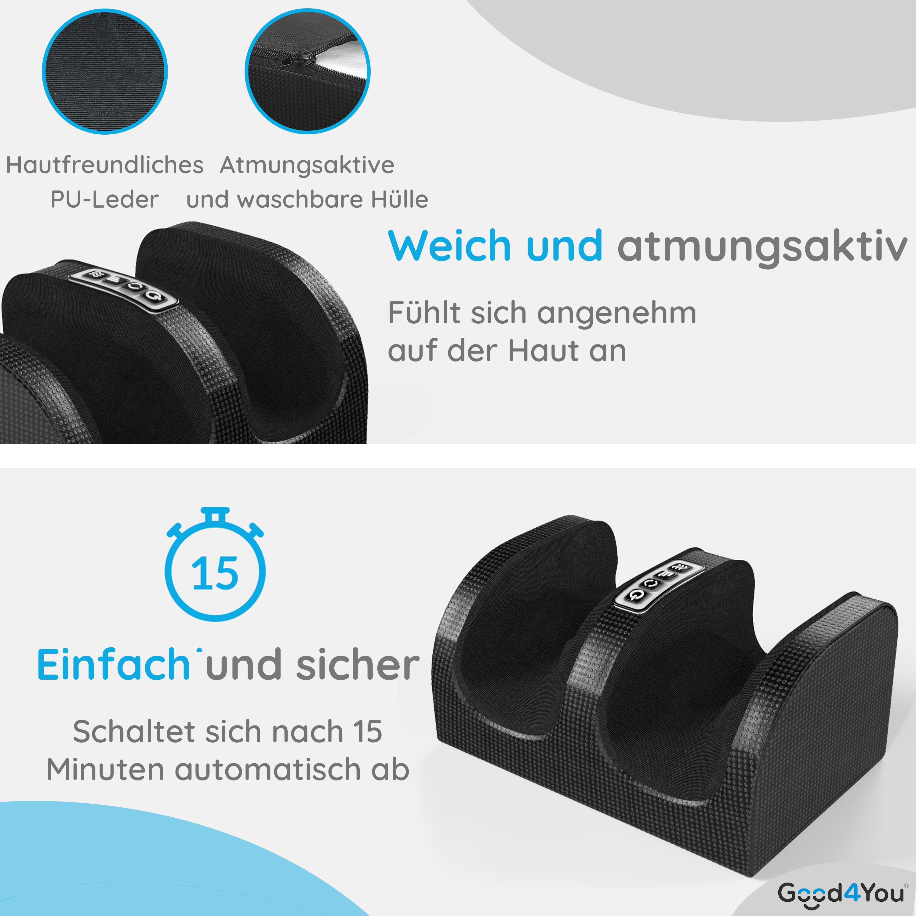 Fußmassagegerät-Details. Zeigt Nahaufnahmen des Produkts mit Text über seine Funktionen. Schwarze Farbe.