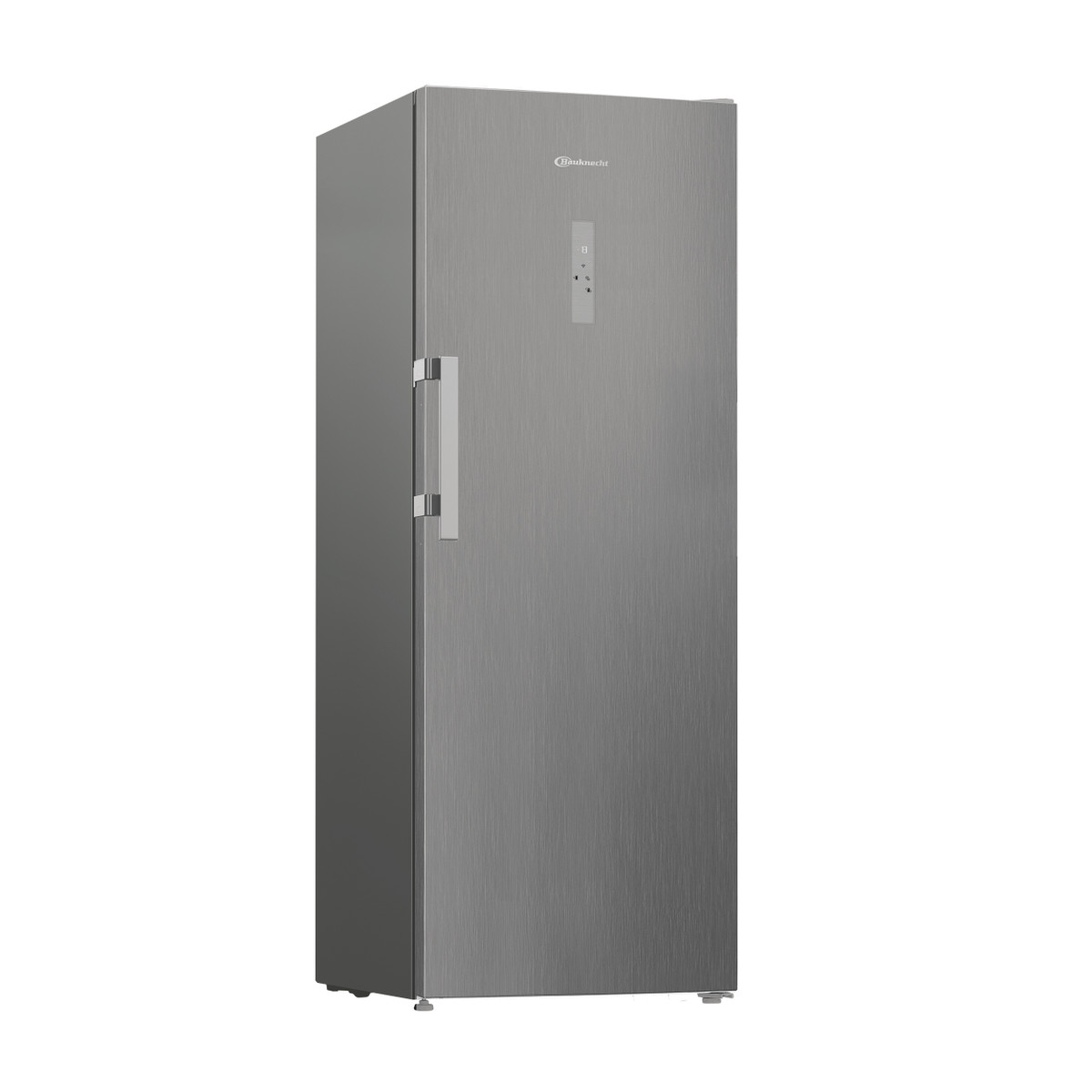 Ein hoher, silberfarbener Bauknecht-Kühlschrank, der auf weißem Hintergrund steht. Es hat einen Griff.