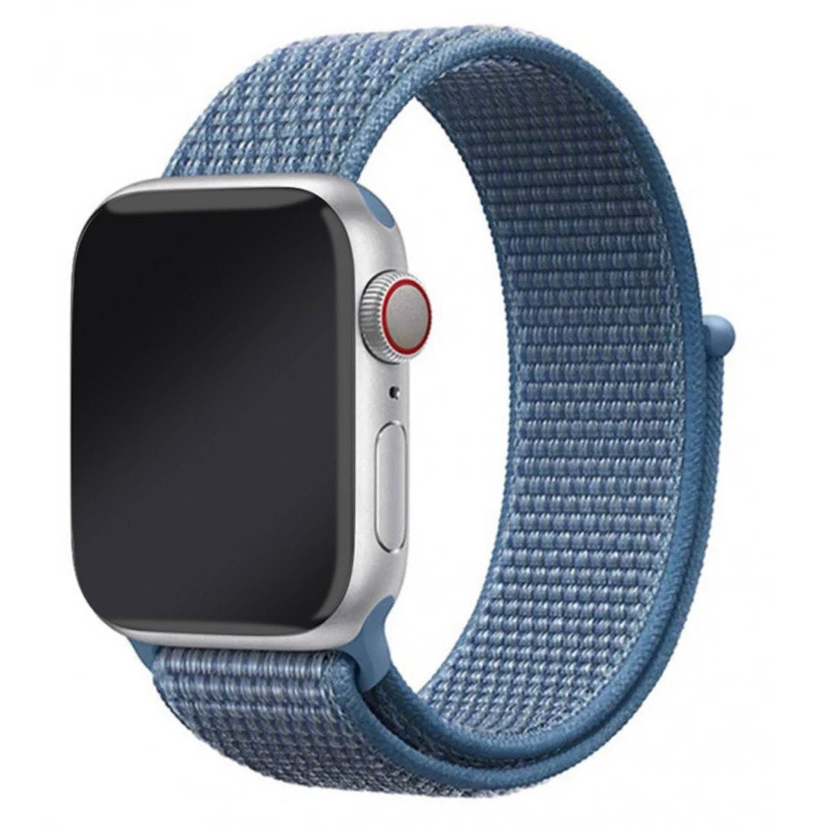Srebrny Apple Watch z niebieskim paskiem z tkaniny. Tarcza zegarka jest czarna.