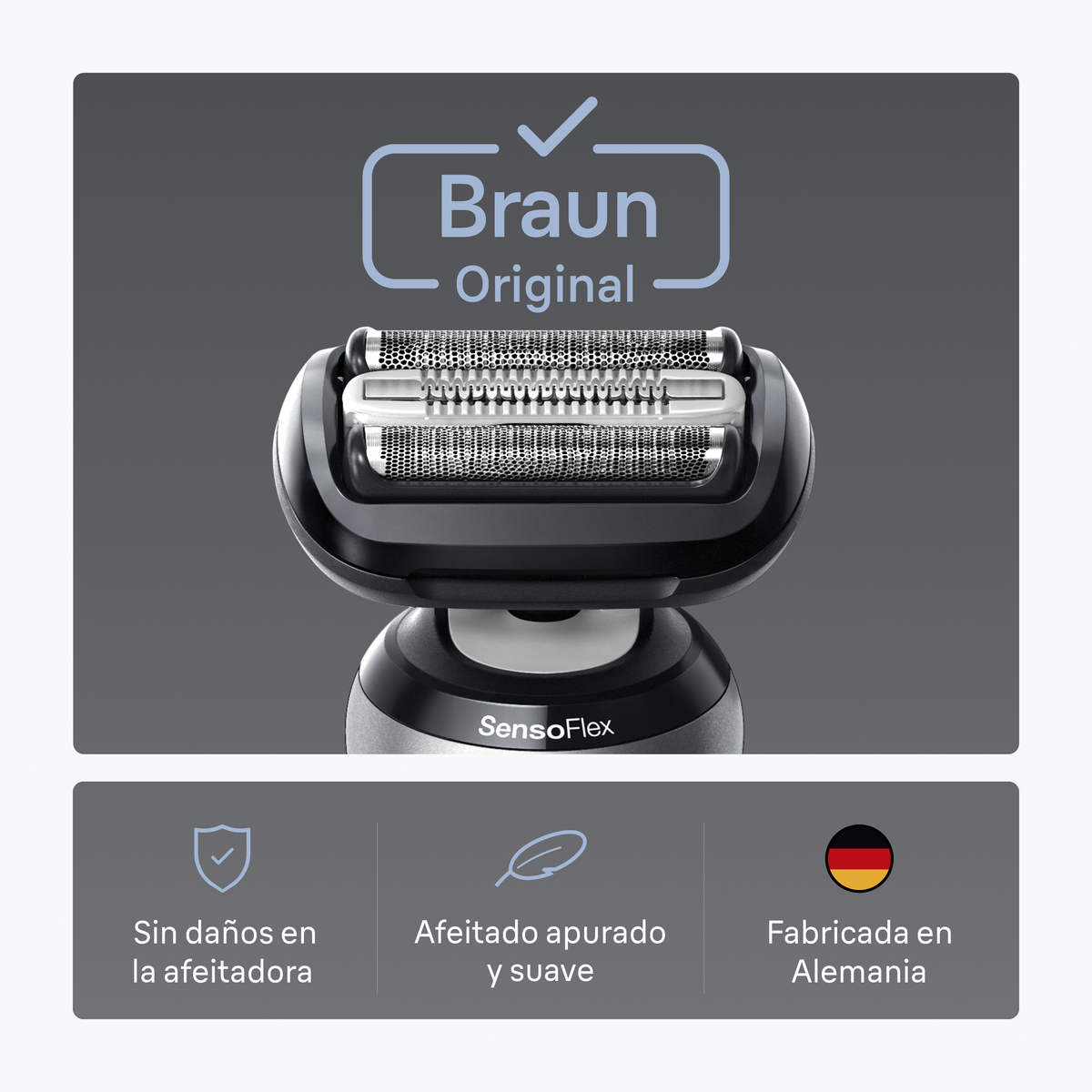 Zbliżenie głowicy golarki Braun. Tekst: Braun Original. SensoFlex. Made in Germany. Ikony: Uszkodzenia skóry, gładkie golenie.