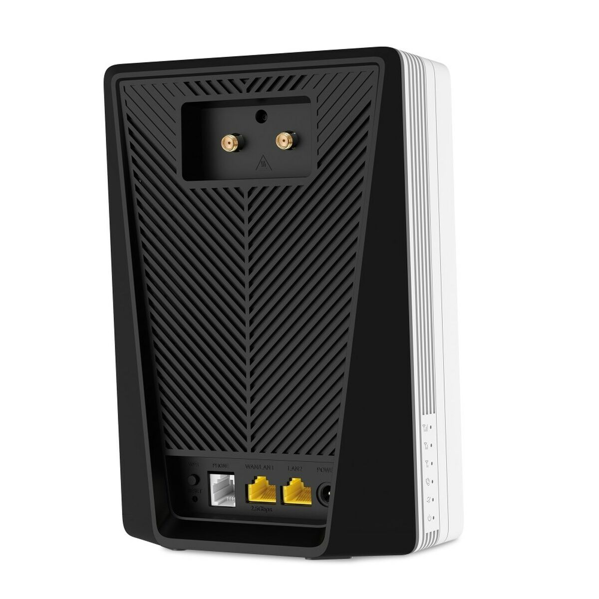Schwarzes Routergerät. Die Rückseite des Routers ist sichtbar und zeigt Anschlüsse und eine strukturierte Oberfläche.