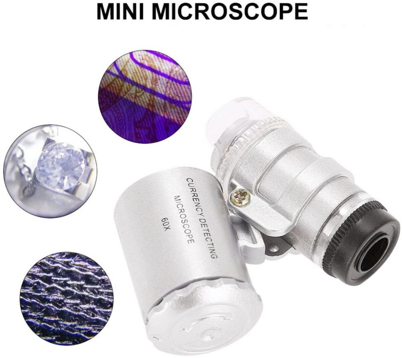Mini-Mikroskop mit drei kreisförmigen Vergrößerungen, kleinen Teilen und einem silber-schwarzen Farbschema.