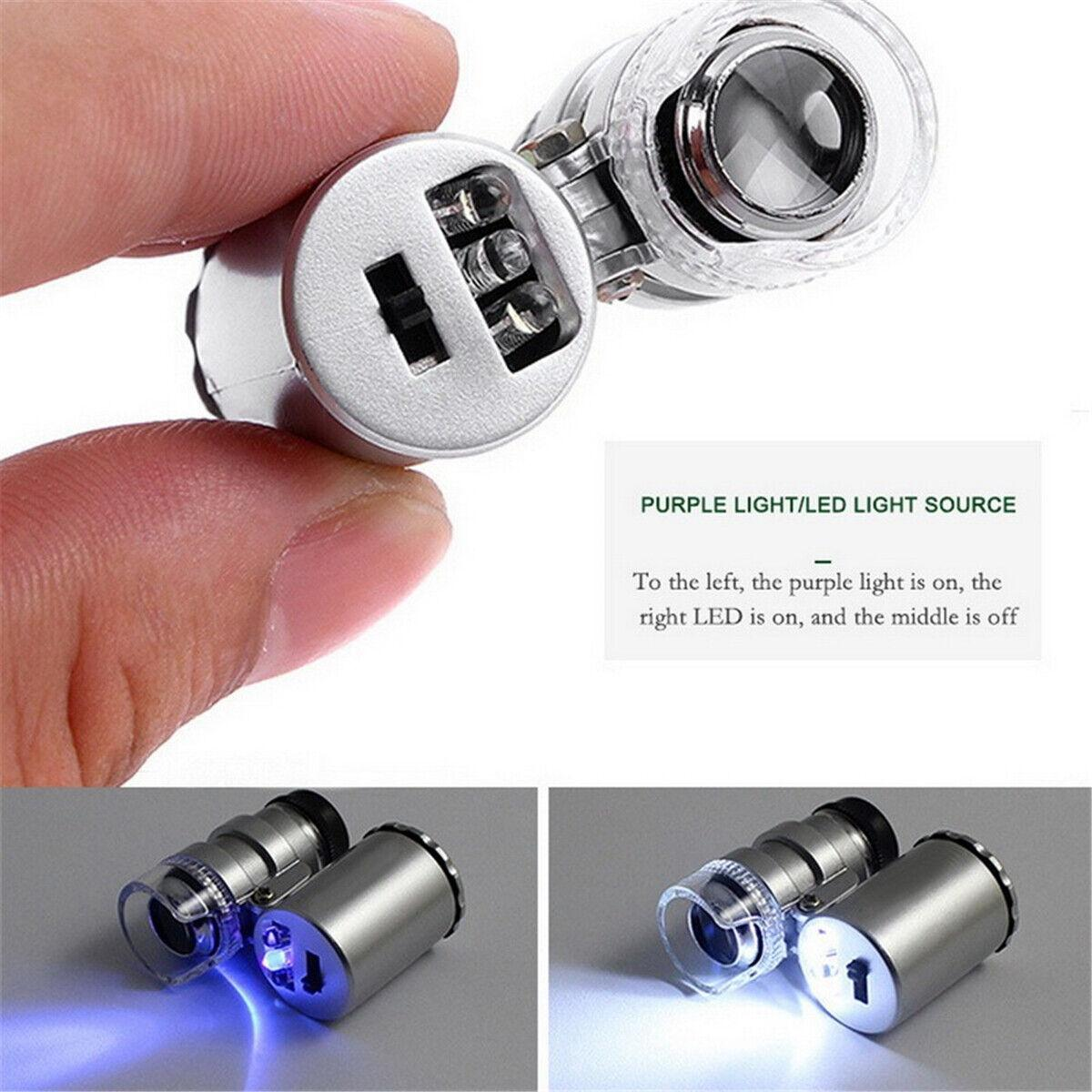 Lupe mit LED-Lichtquelle. Text: Lila Licht/LED-Lichtquelle. Zwei Bilder zeigen das Licht an/aus.