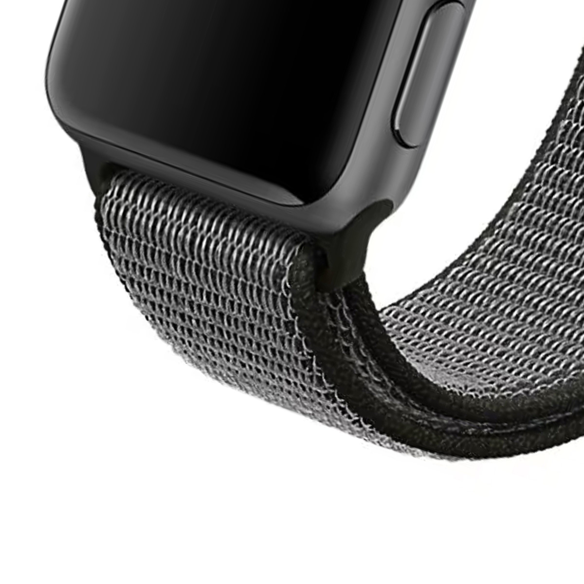 Primo piano di un Apple Watch nero e un cinturino intrecciato grigio, che mostra il punto di connessione.
