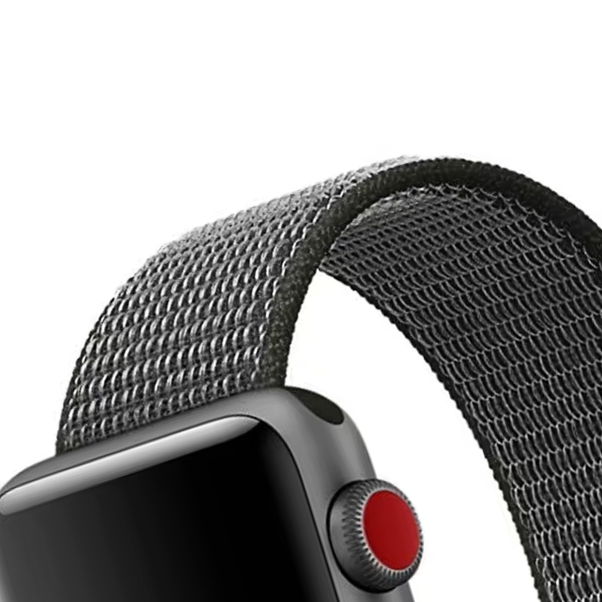 Primo piano di un Apple Watch con cinturino grigio intrecciato e pulsante rosso su quadrante nero.