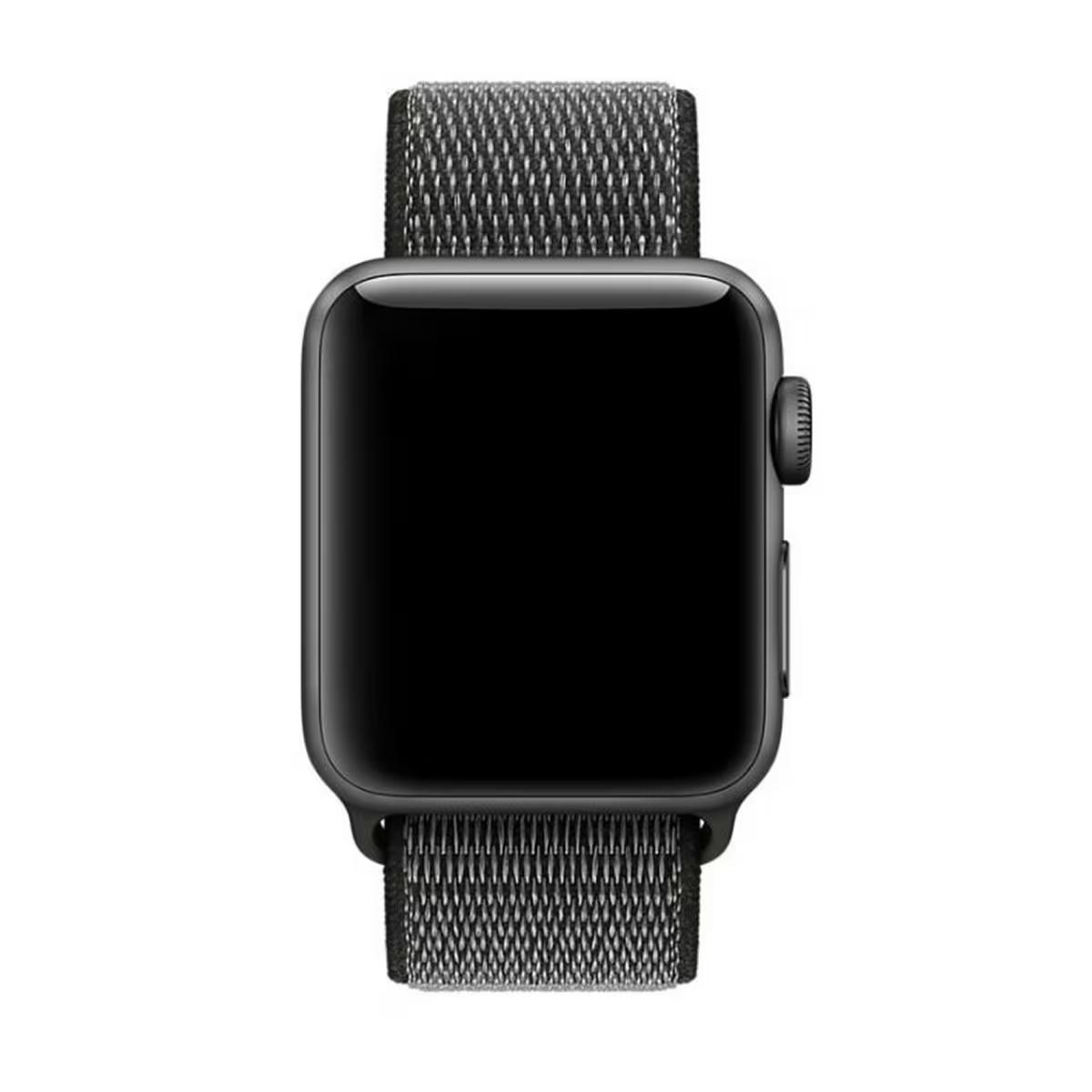 Un Apple Watch nero con schermo nero e cinturino grigio intrecciato è centrato su sfondo bianco.