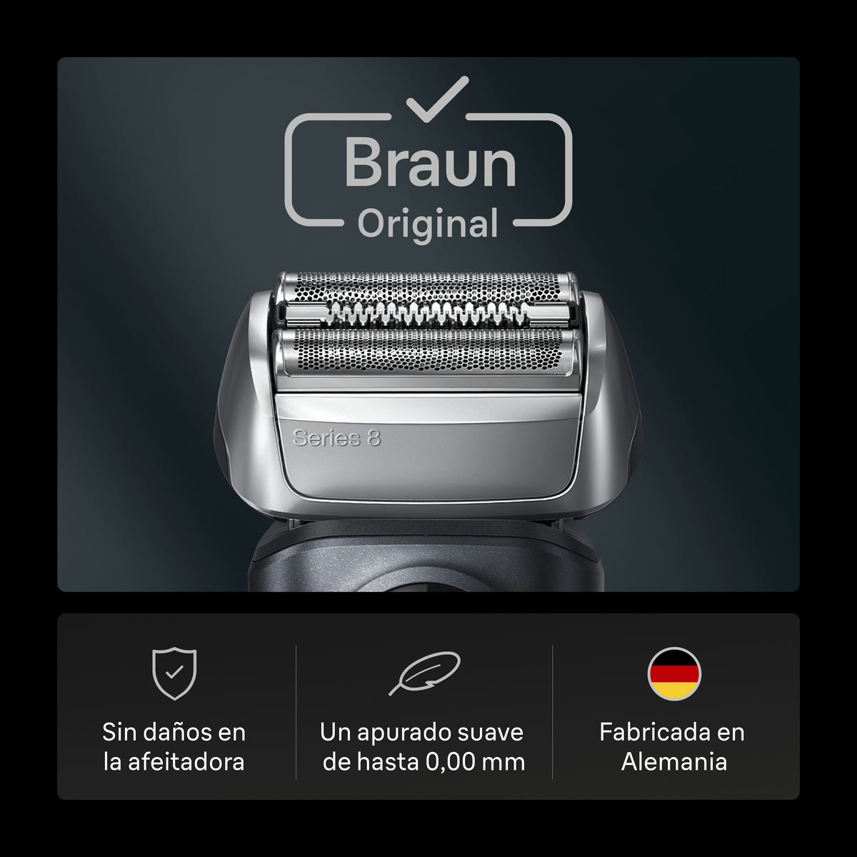 Una testina del rasoio Braun Series 8, con testo e una bandiera tedesca, che indica l'origine del prodotto.