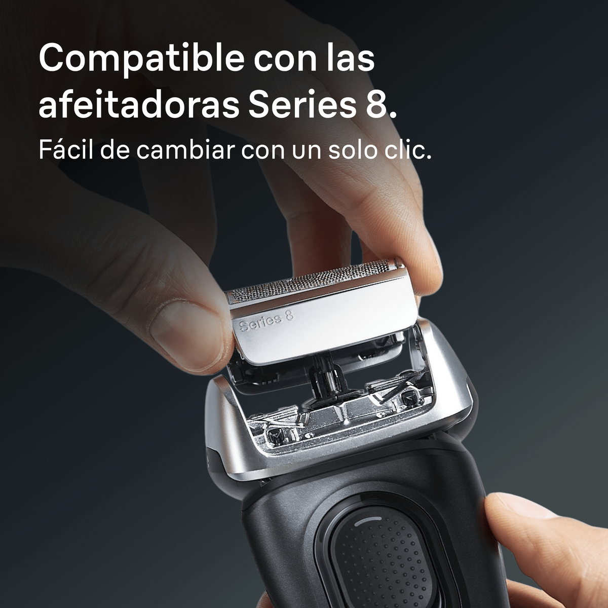 Una mano che tiene una testina del rasoio sopra un rasoio, con testo che indica la compatibilità con i rasoi Series 8.