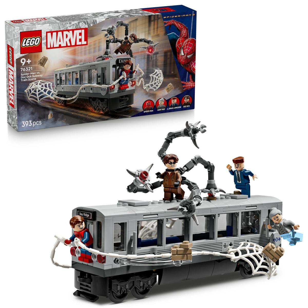 Zestaw Lego Marvel przedstawiający Spider-Mana i scenę z metra.