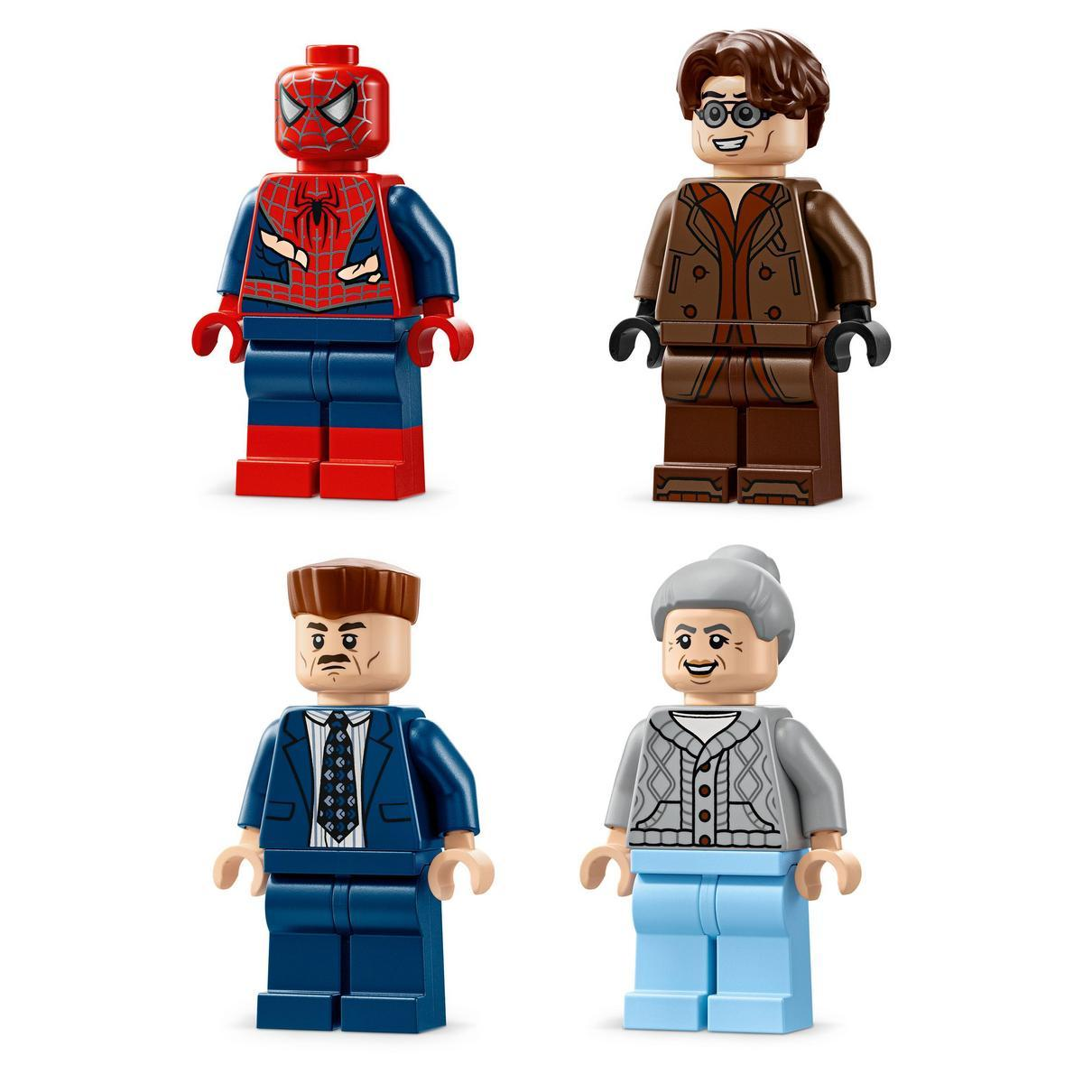 Figurki Lego Spider-Mana, Doktora Ocka, biznesmena i starszej kobiety w kolorach niebieskim i szarym.