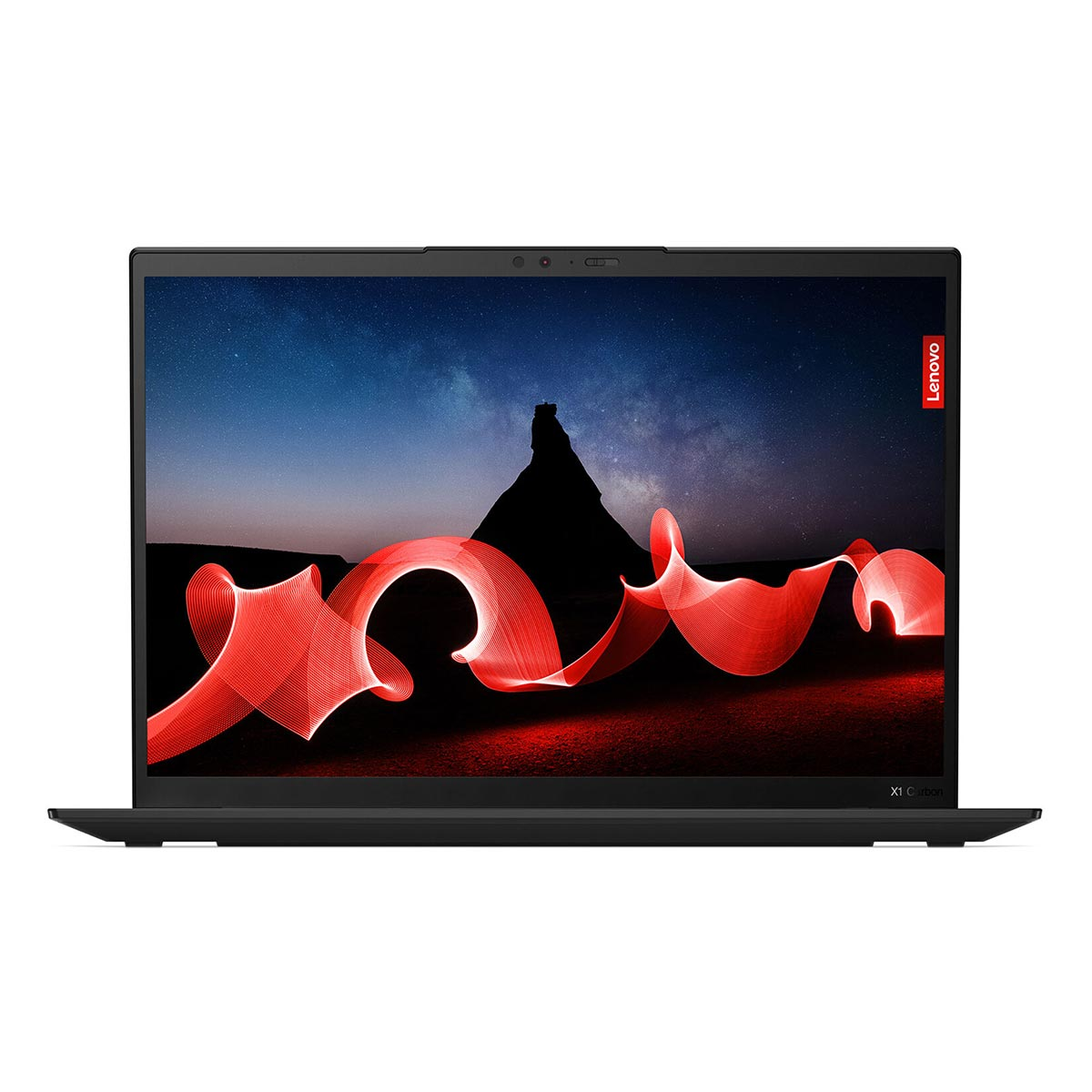 Lenovo Laptop mit einem Hintergrundbild mit Berg und roten Lichtspuren.