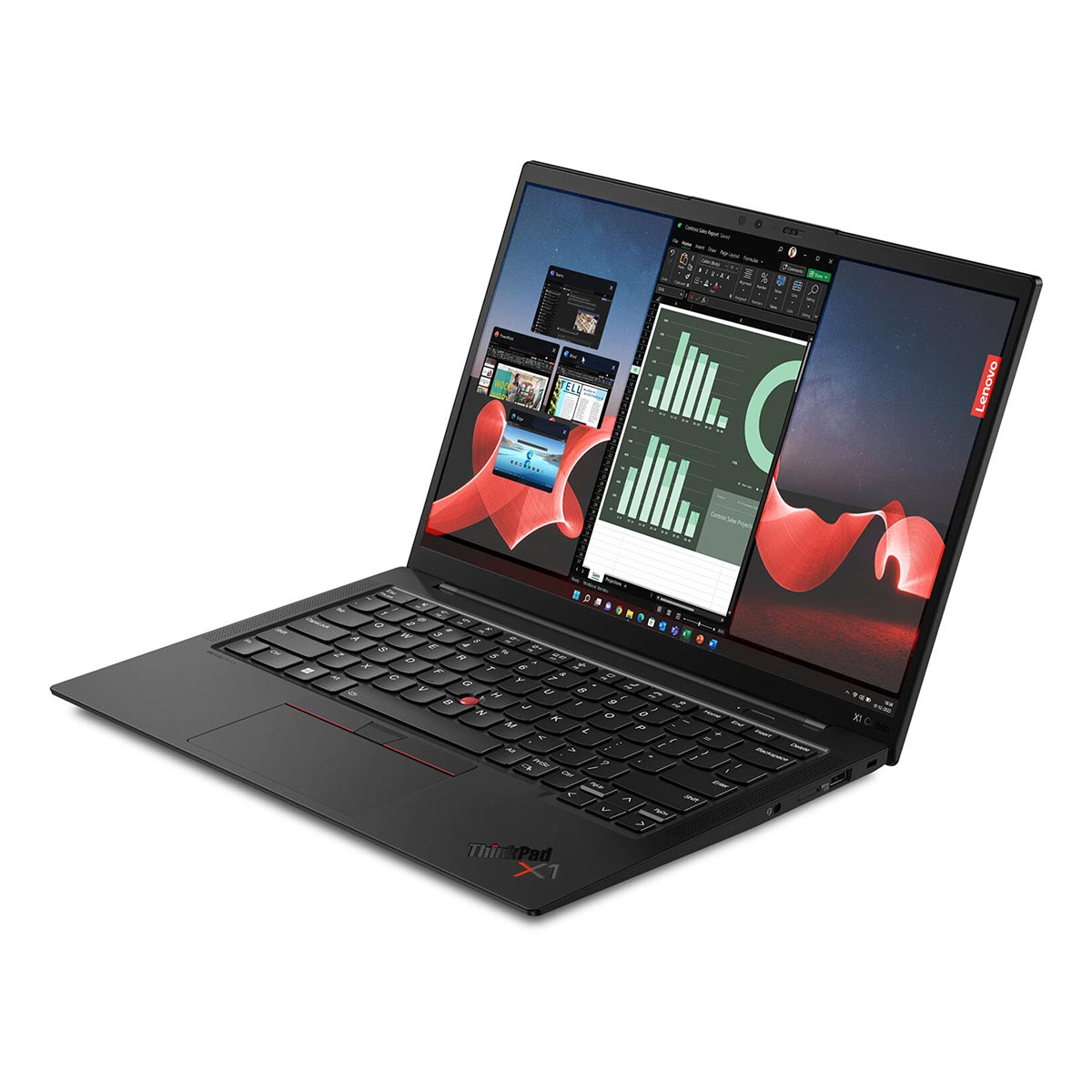 Ein schwarzer Lenovo ThinkPad X1 Laptop ist geöffnet und zeigt Diagramme und mehrere App-Fenster.