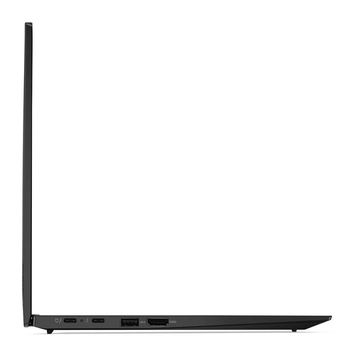 Seitenansicht eines schlanken, schwarzen Laptops, der seine Anschlüsse zeigt.