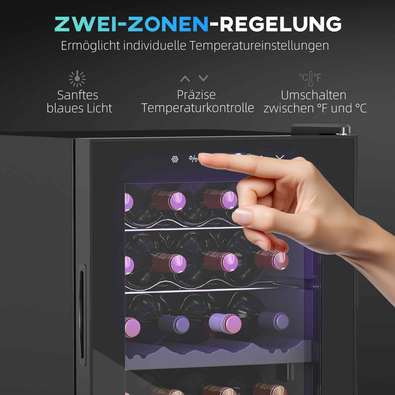 Hand, die Temperatureinstellungen an einem Weinkühlschrank mit blauem Licht anpasst.