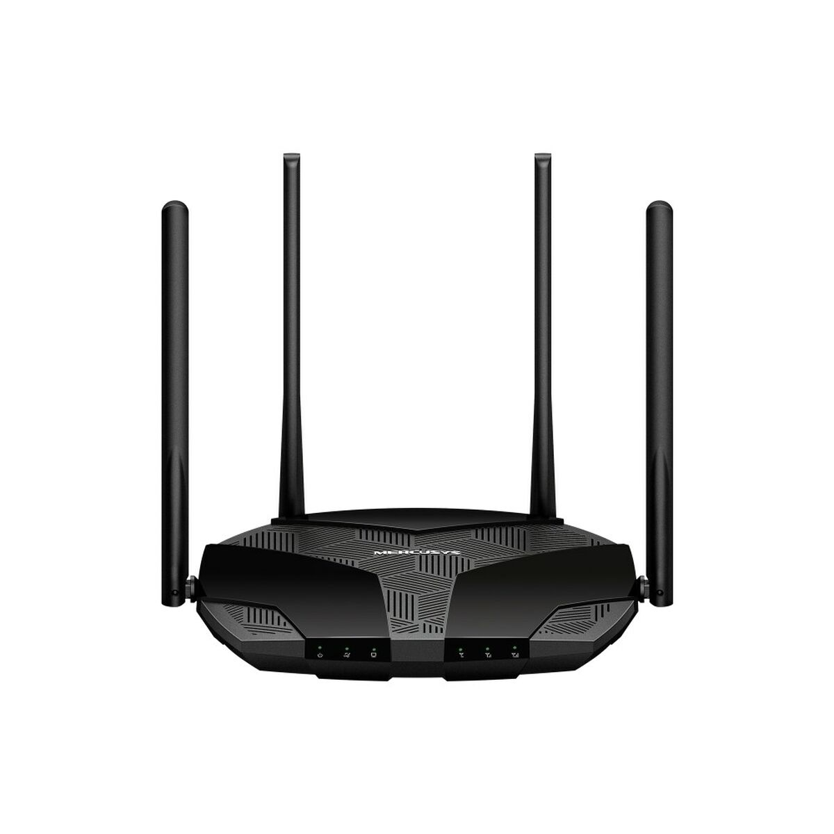 Router nero con quattro antenne su sfondo bianco, vista dall'alto.