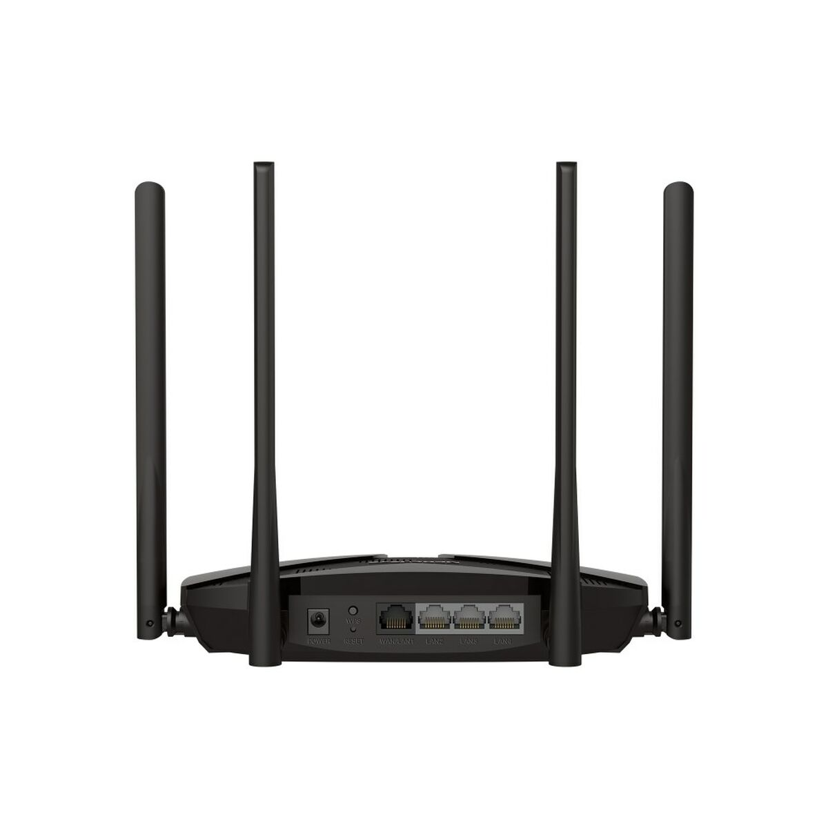 Router nero con quattro antenne. Porte visibili sul pannello posteriore.