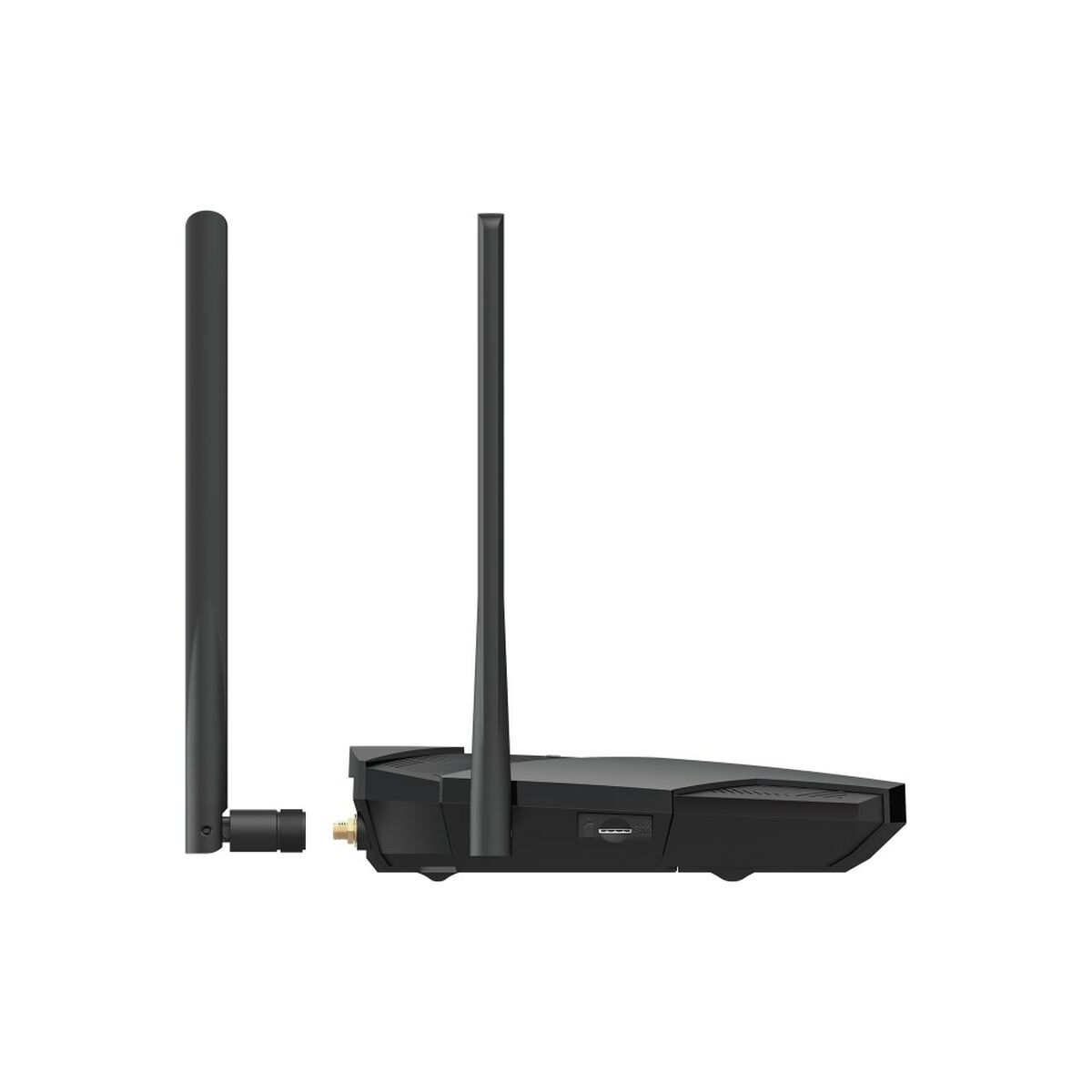 Router nero con due antenne, una staccata, su sfondo bianco.