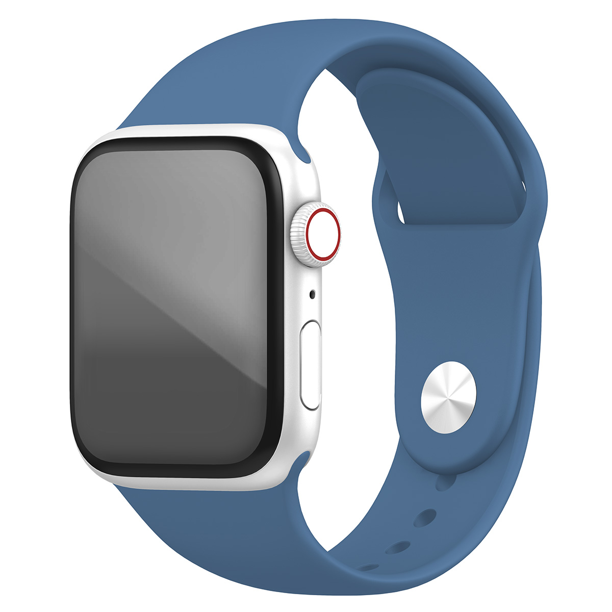 Apple Watch con cinturino blu, vista laterale, display digitale acceso.