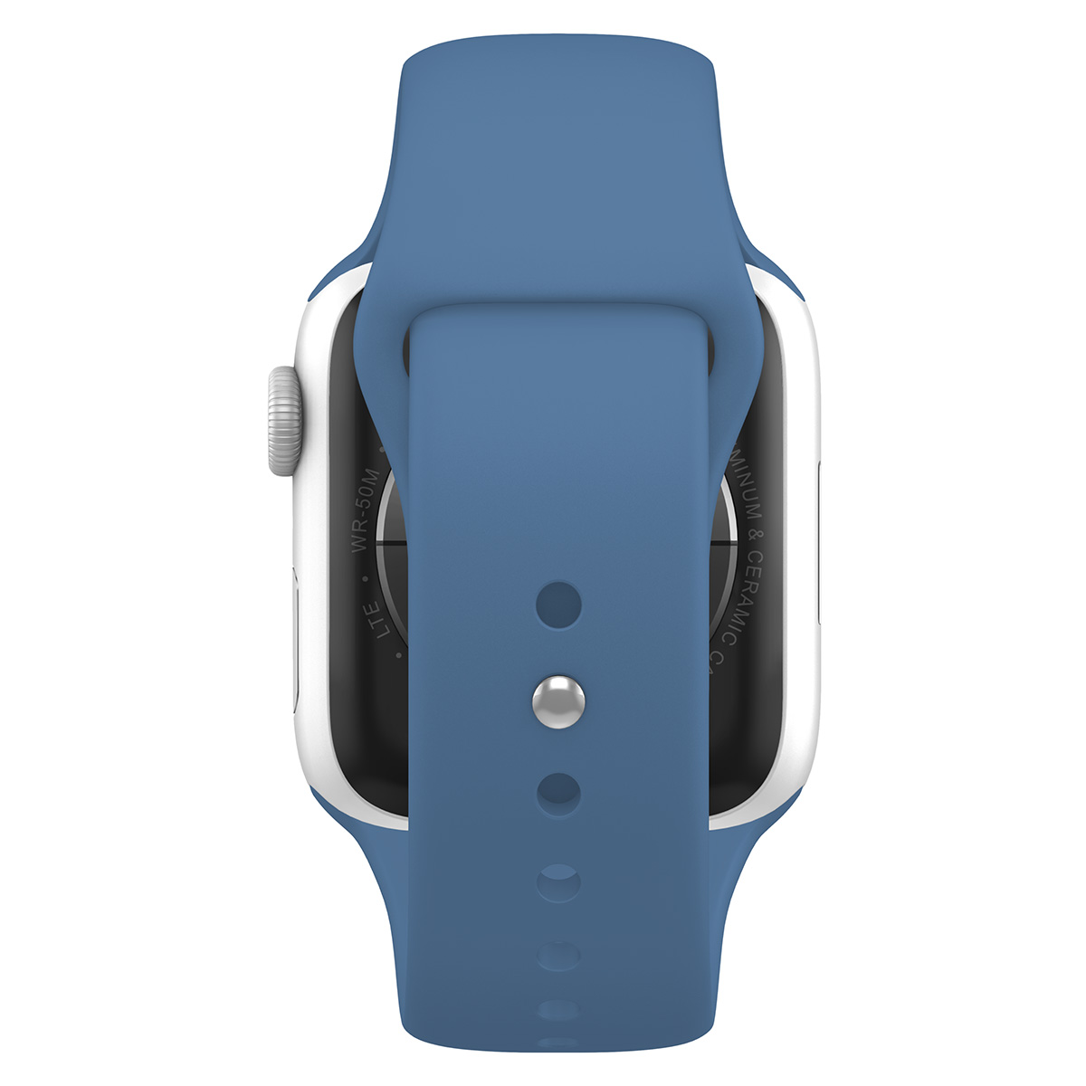 Smartwatch con cinturino blu, vista posteriore che mostra i sensori.