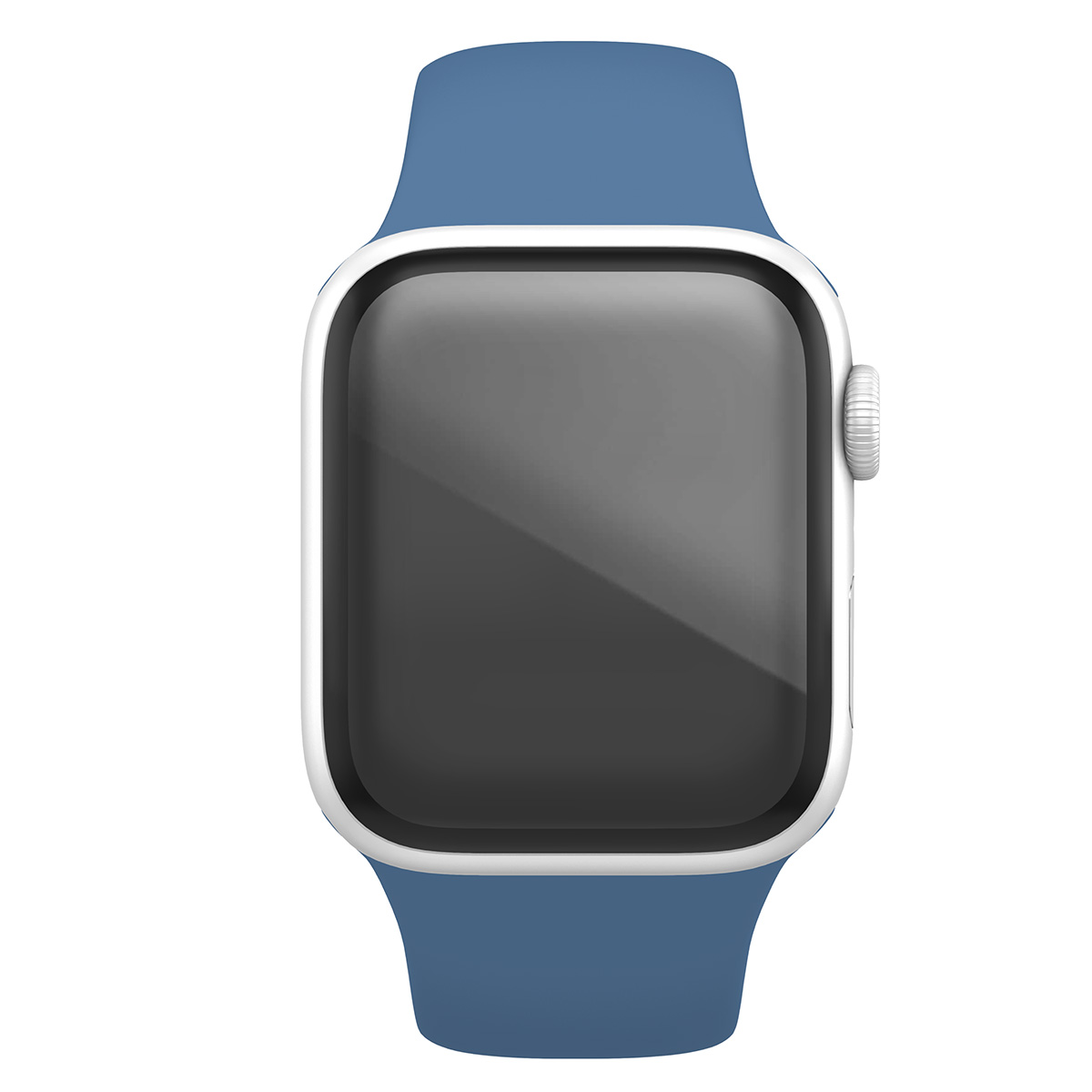 Apple Watch con cinturino blu, vista frontale, display digitale acceso.