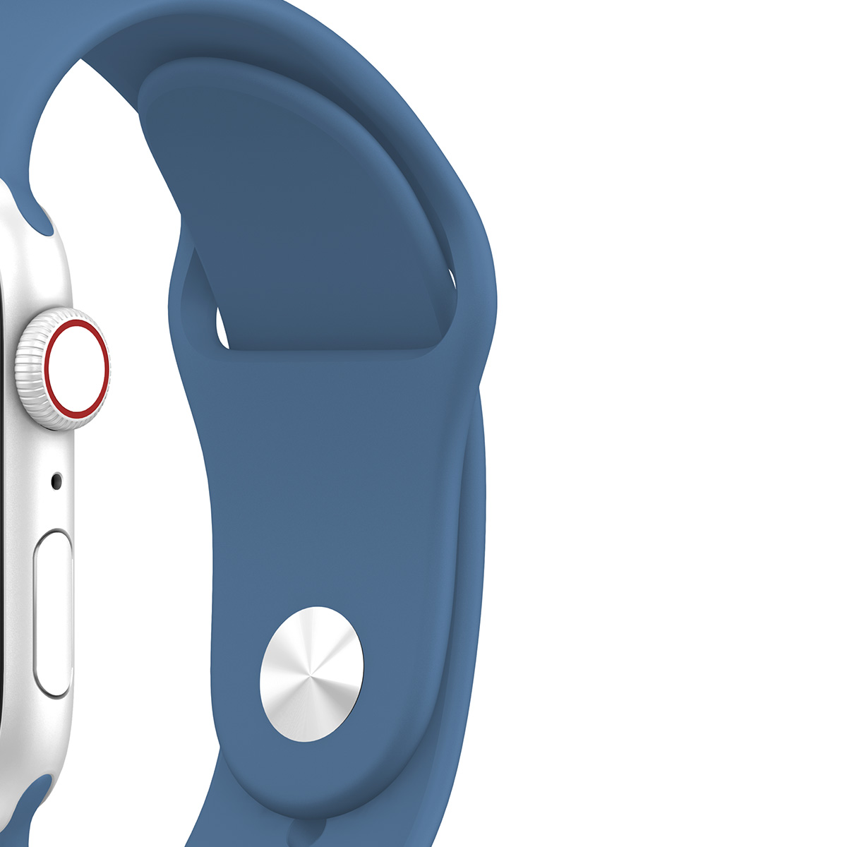 Primo piano di uno smartwatch con cinturino blu, che mostra il lato con un pulsante.