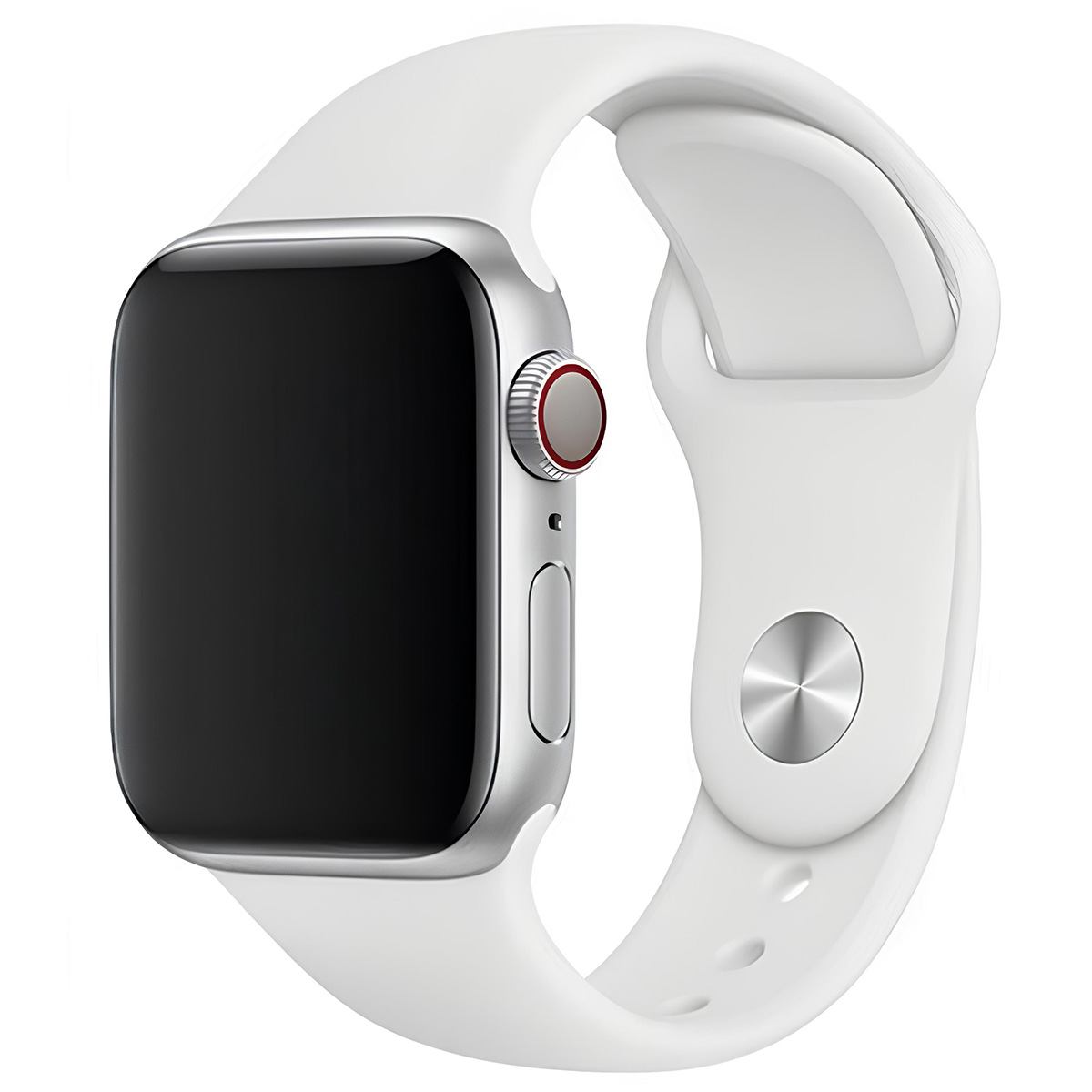 Primo piano di un Apple Watch argento con cinturino bianco, che evidenzia la corona digitale e i dettagli del cinturino.