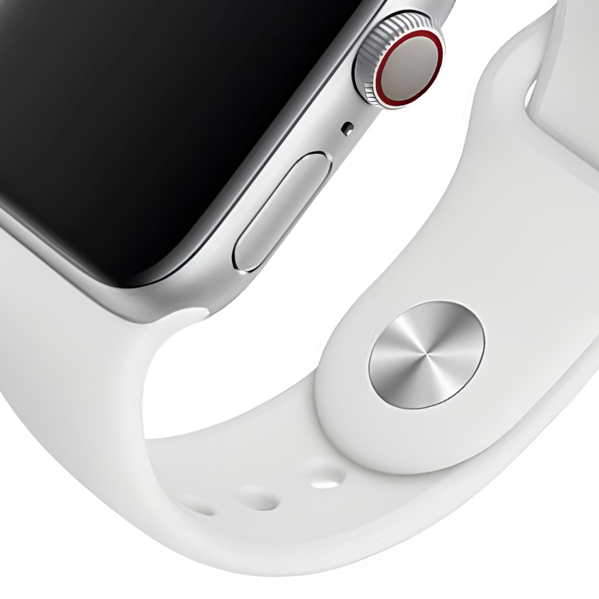Vista dettagliata di un Apple Watch argento, incentrata sul pulsante laterale e sull'attacco del cinturino bianco.