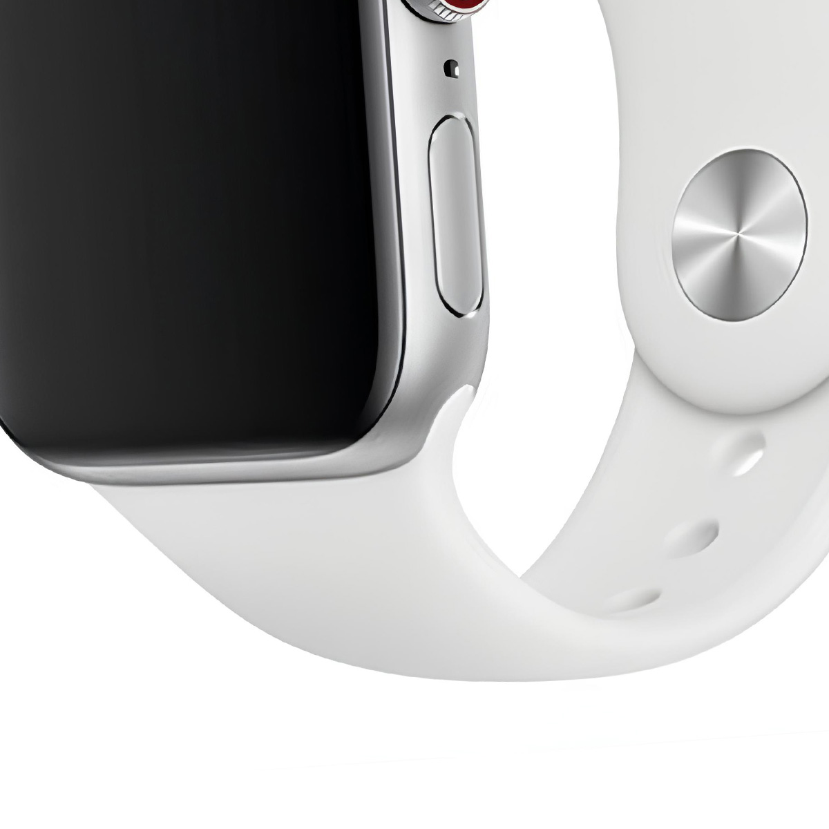Primo piano della corona digitale e del cinturino bianco di un Apple Watch argento su sfondo bianco.