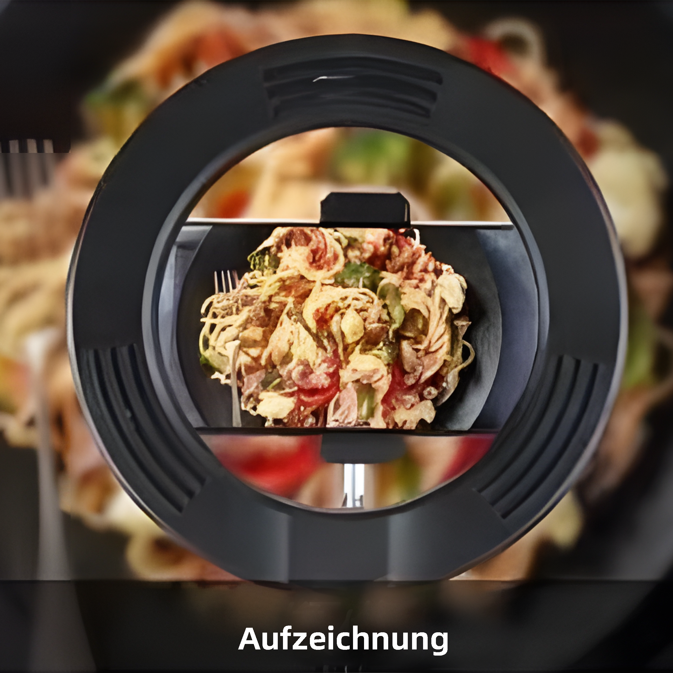 Spaghetti in einer schwarzen Schüssel, gesehen durch ein schwarzes LED-Ringlicht.